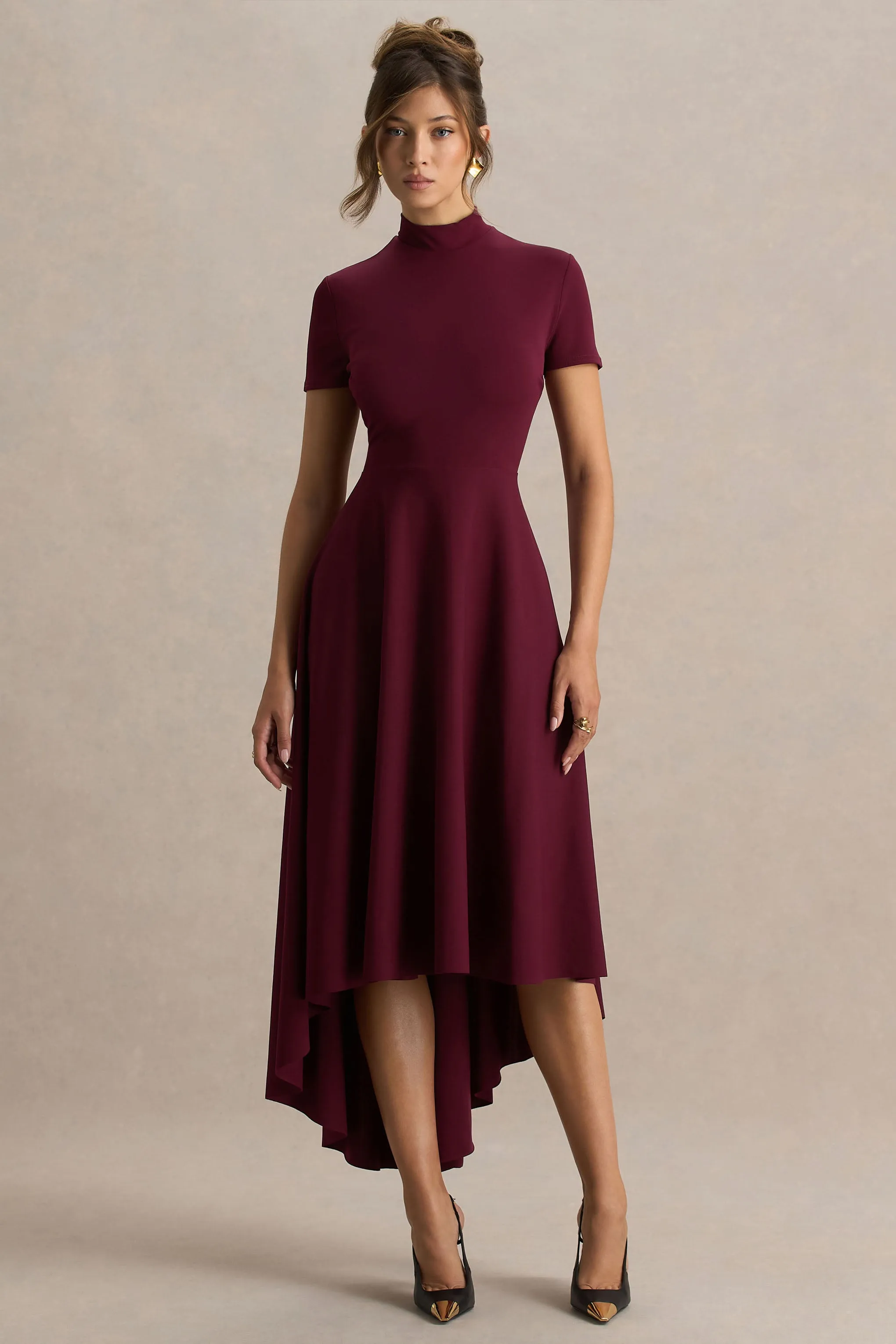 Bellona | Burgundy High-Neck High-Low Midi Dress sold by Club L London product image thumbnail 4