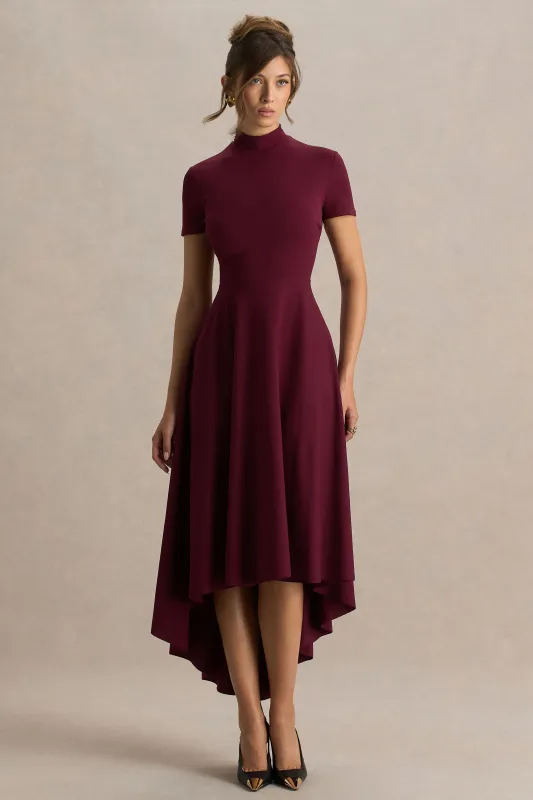 Bellona | Burgundy High-Neck High-Low Midi Dress sold by Club L London