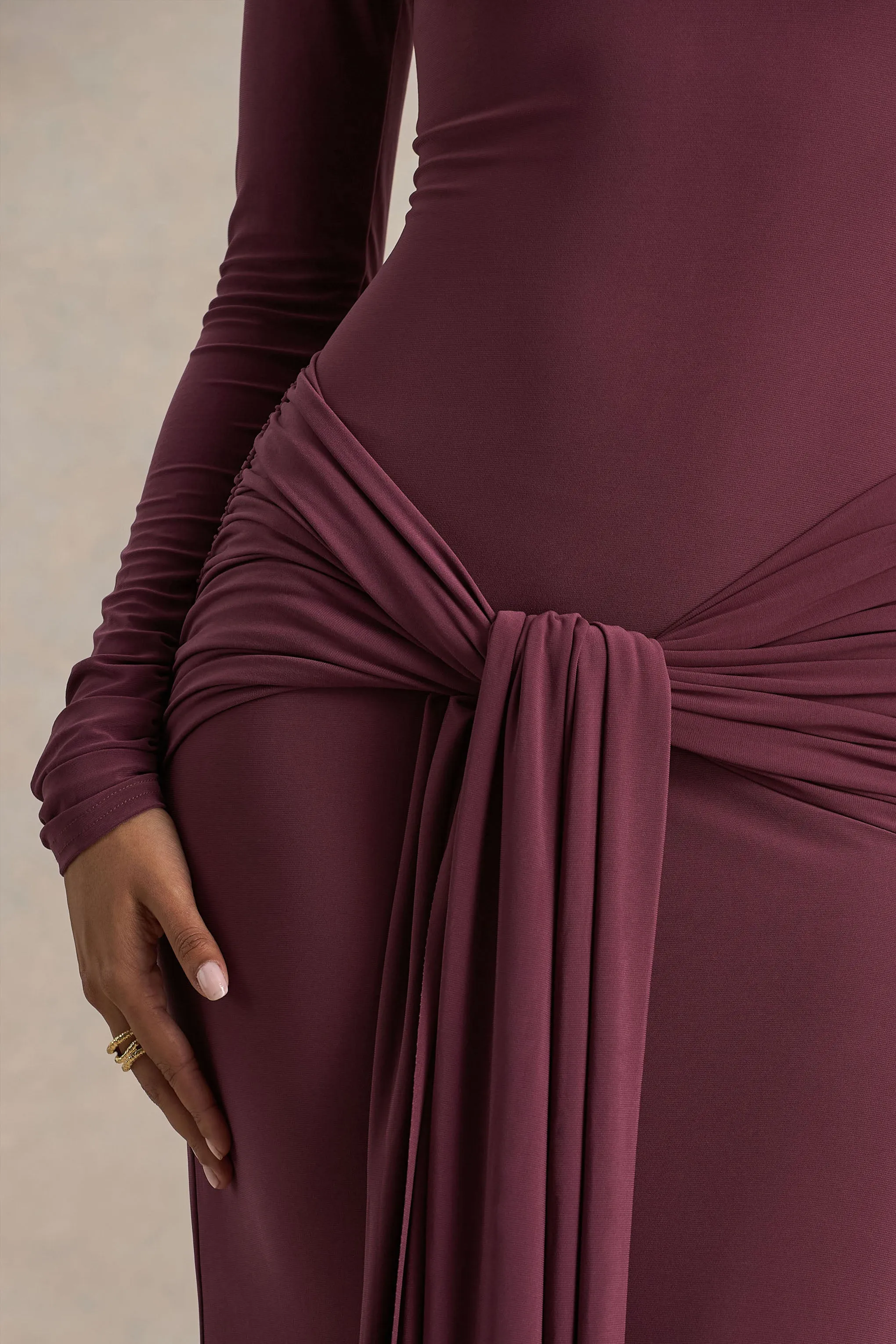 Myra | Burgundy High-Neck Maxi Dress With Sash and Ruched Detailing sold by Club L London product image thumbnail 5