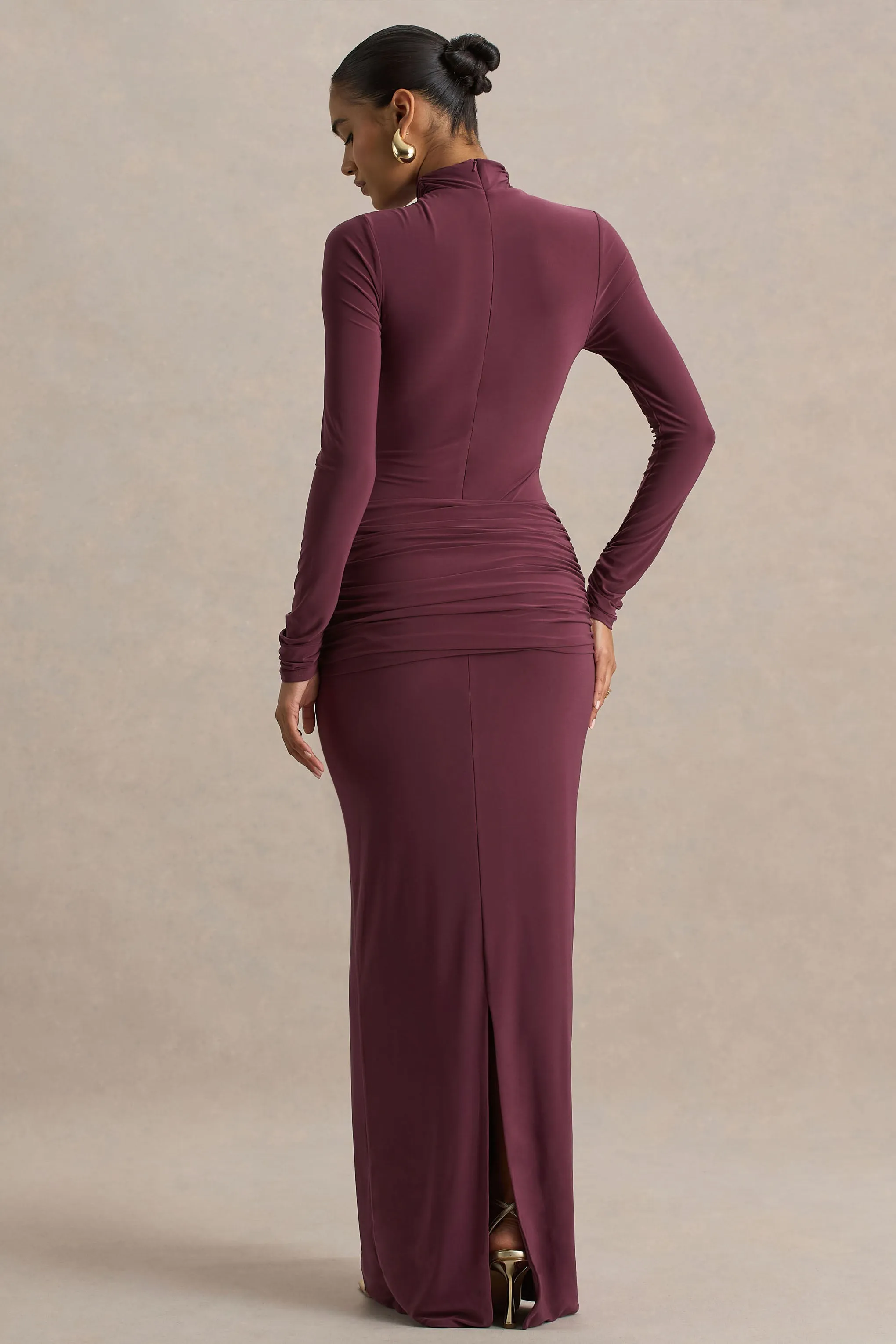 Myra | Burgundy High-Neck Maxi Dress With Sash and Ruched Detailing sold by Club L London product image thumbnail 2