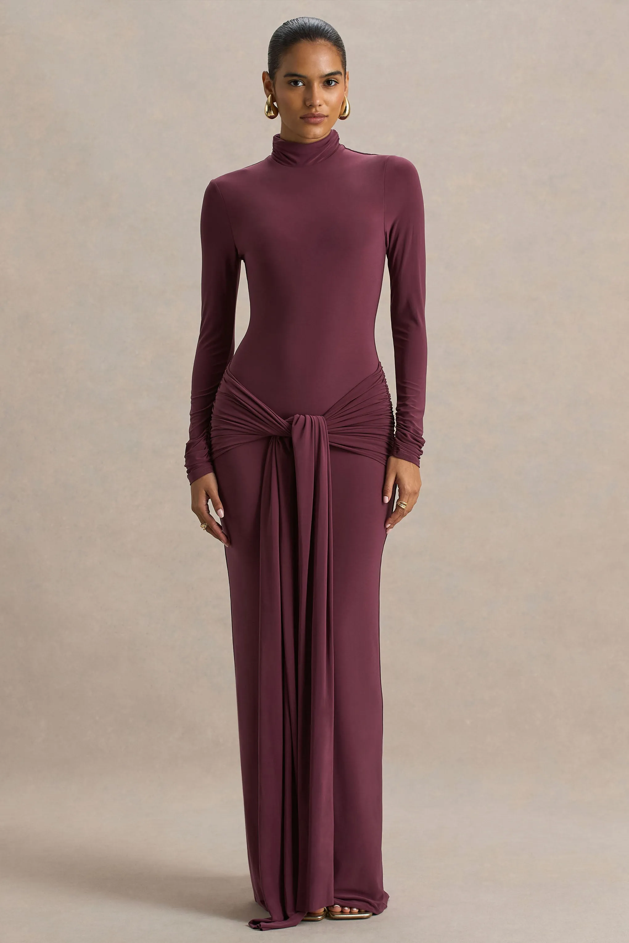 Myra | Burgundy High-Neck Maxi Dress With Sash and Ruched Detailing sold by Club L London product image thumbnail 4