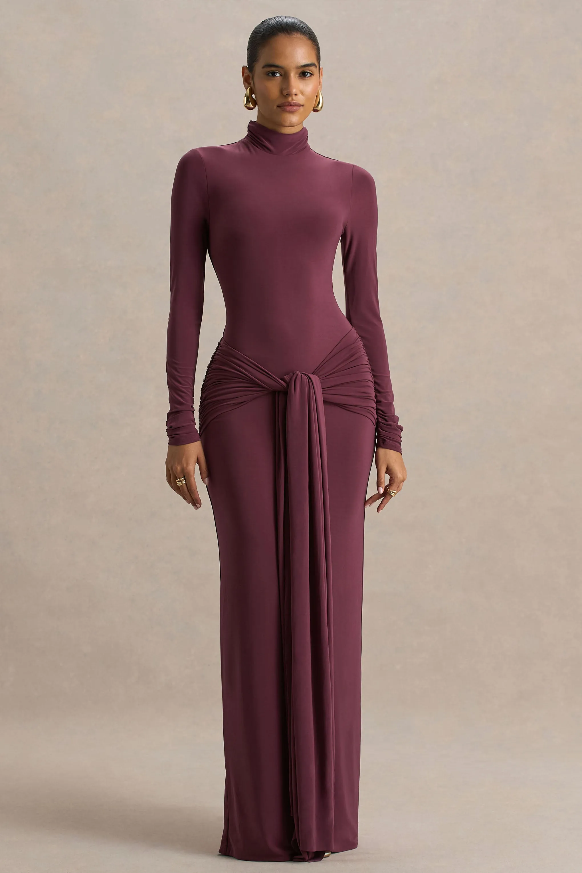 Myra | Burgundy High-Neck Maxi Dress With Sash and Ruched Detailing sold by Club L London