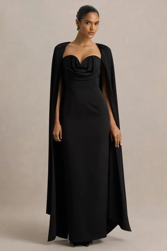 Wren | Black Satin Sweetheart-Neck Maxi Dress With Cape Sleeves sold by Club L London