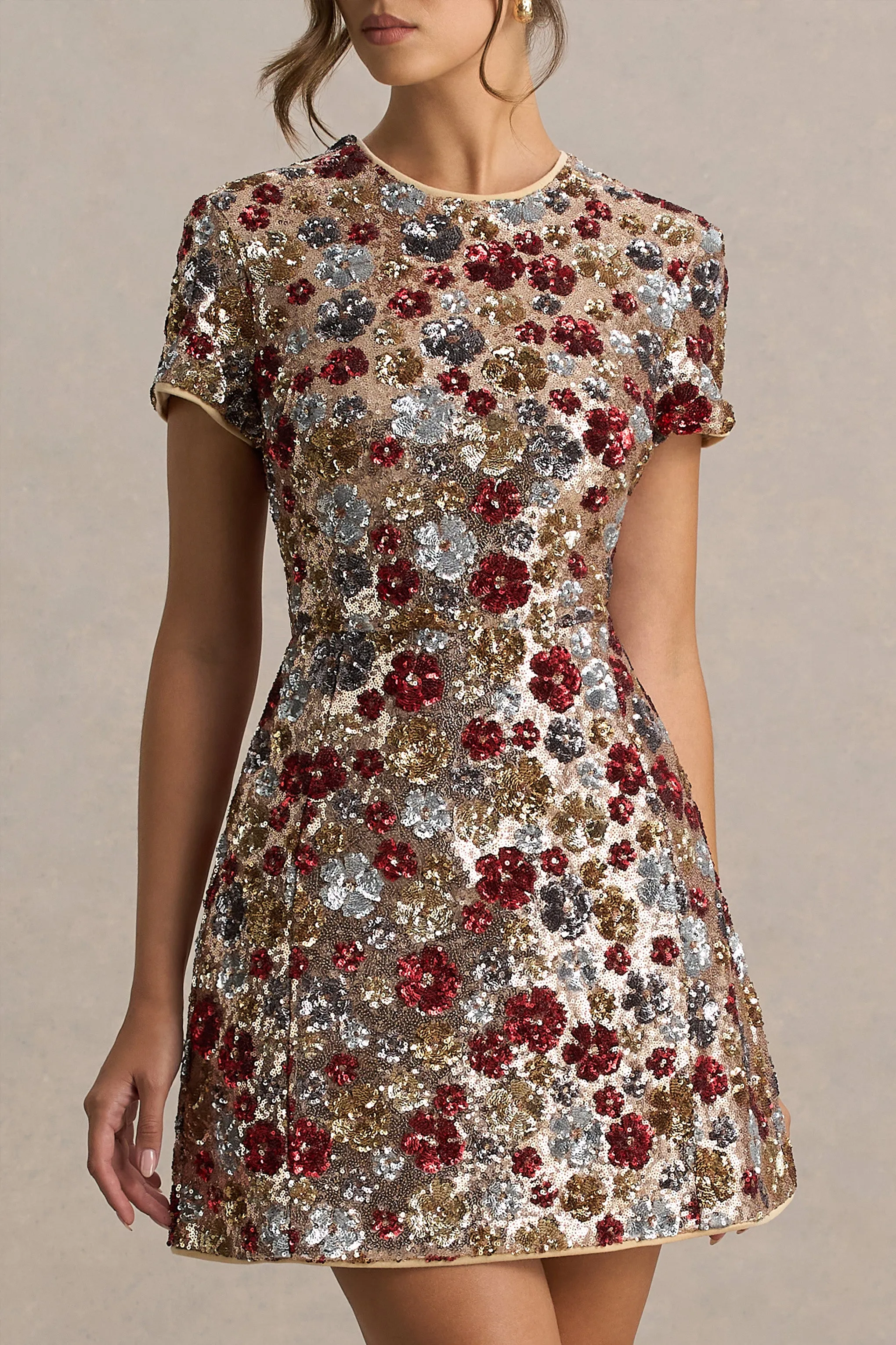 Eira | Red Floral Sequin Crew-Neck Mini Dress sold by Club L London product image thumbnail 4