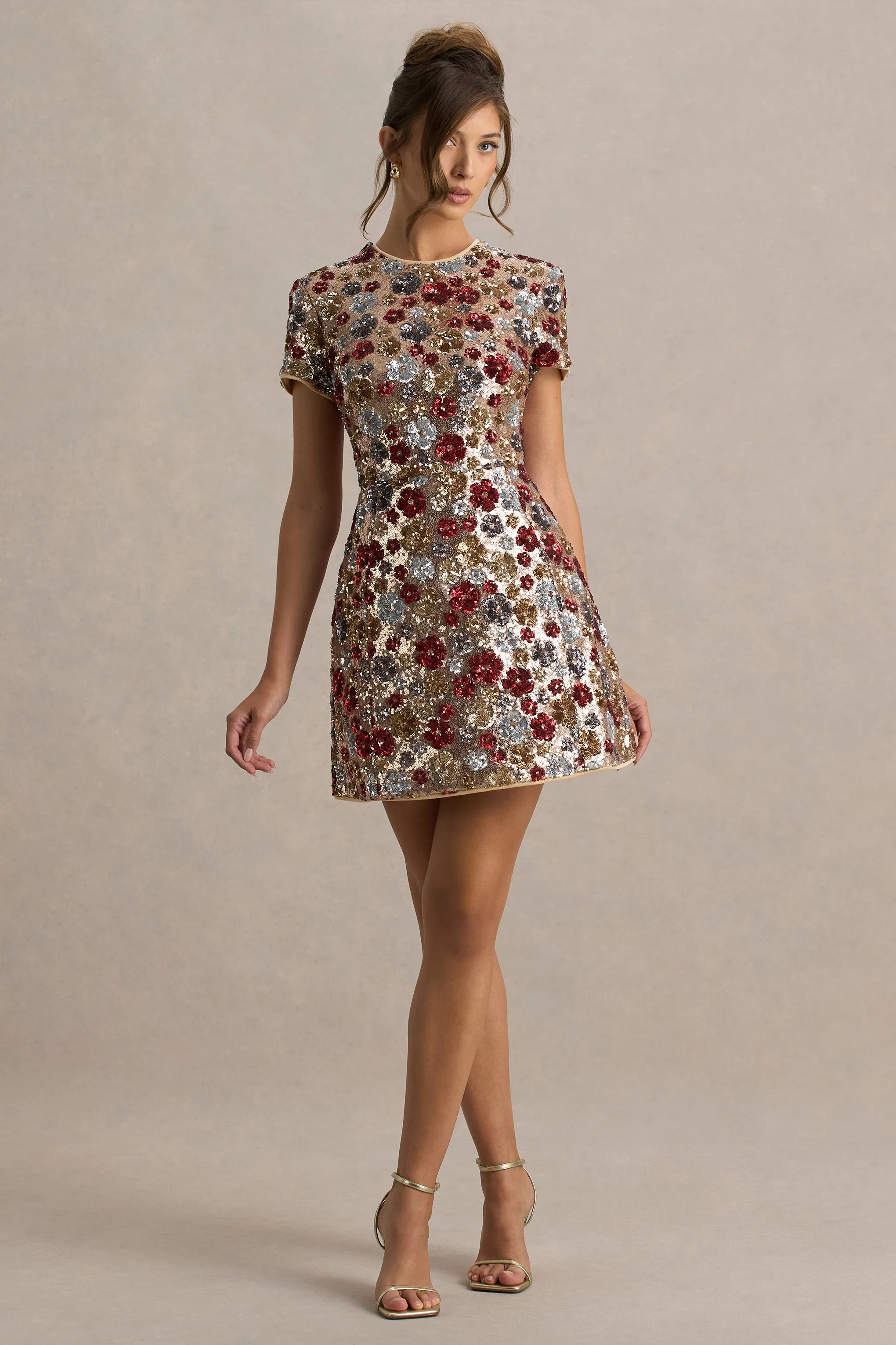 Eira | Red Floral Sequin Crew-Neck Mini Dress sold by Club L London product image thumbnail 3