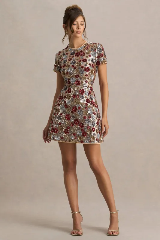 Eira | Red Floral Sequin Crew-Neck Mini Dress sold by Club L London