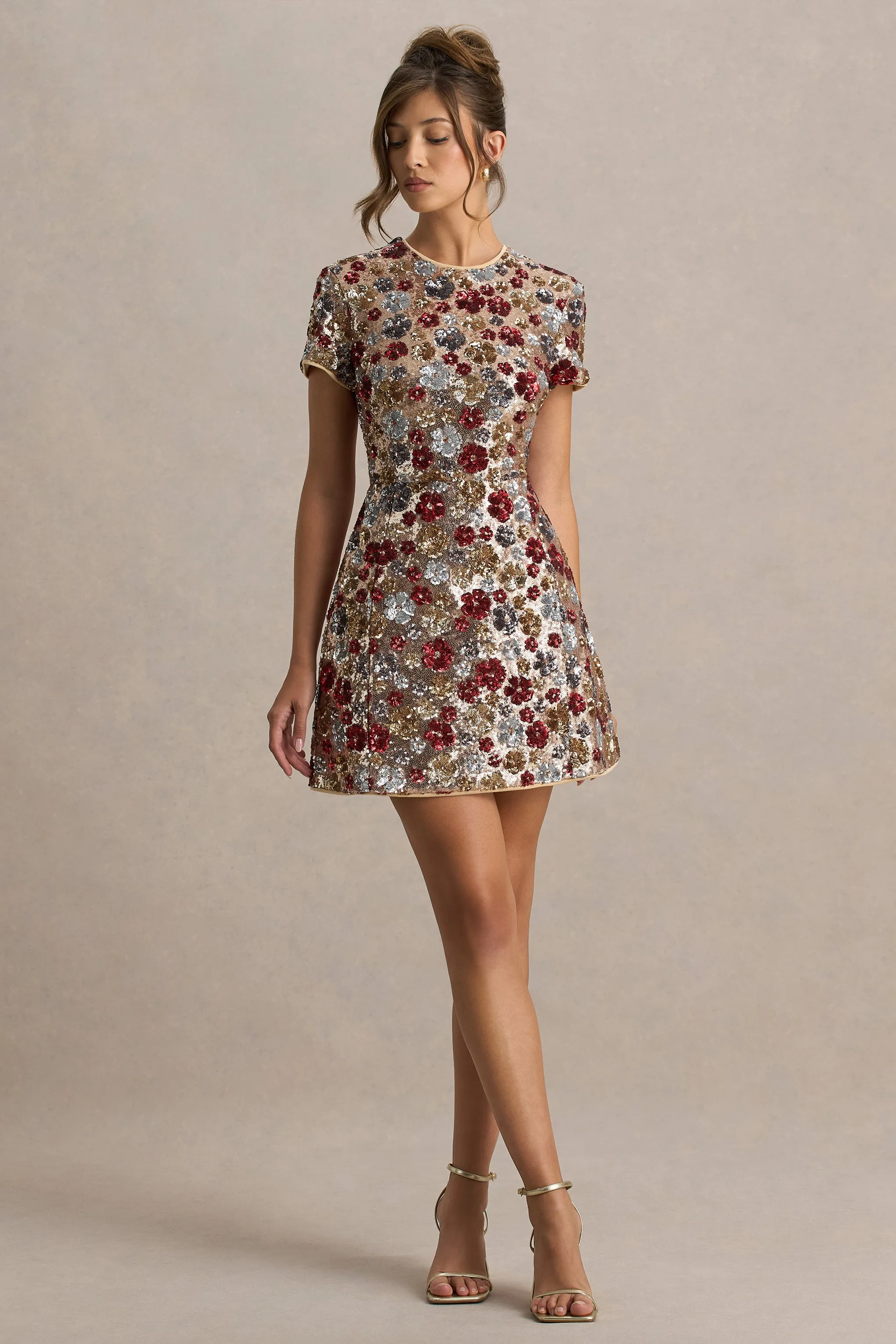 Eira | Red Floral Sequin Crew-Neck Mini Dress sold by Club L London product image thumbnail 5