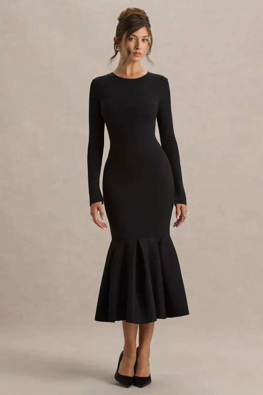 Liberty | Black High Neck Mermaid Maxi Dress With Ruffling Detail sold by Club L London