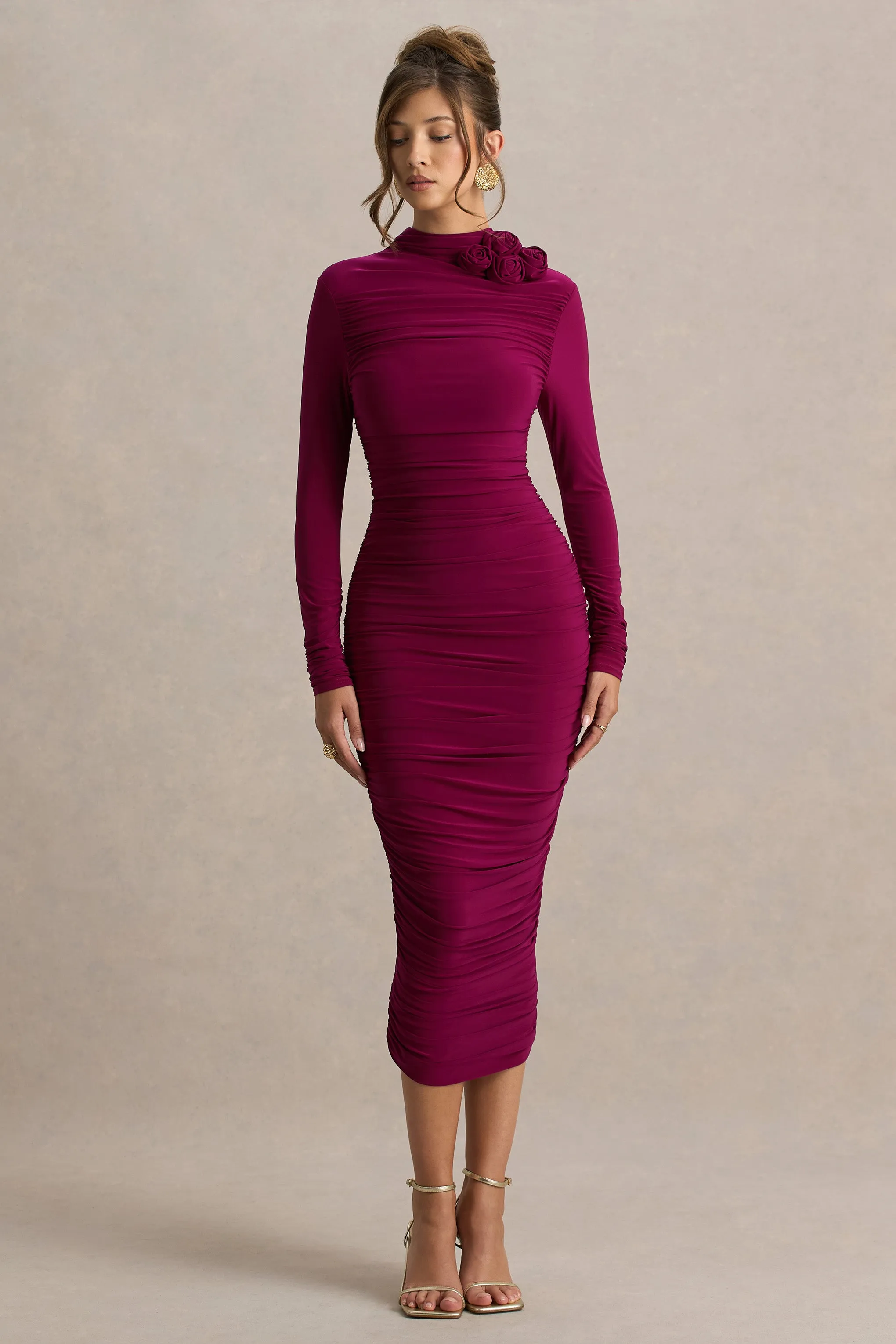 Tamara | Burgundy Long-Sleeve Ruched Midi Dress sold by Club L London product image thumbnail 3