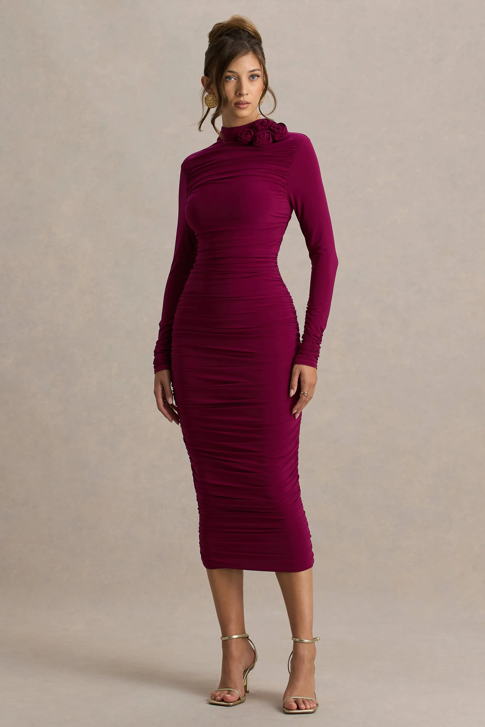 Tamara | Burgundy Long-Sleeve Ruched Midi Dress sold by Club L London product image thumbnail 4