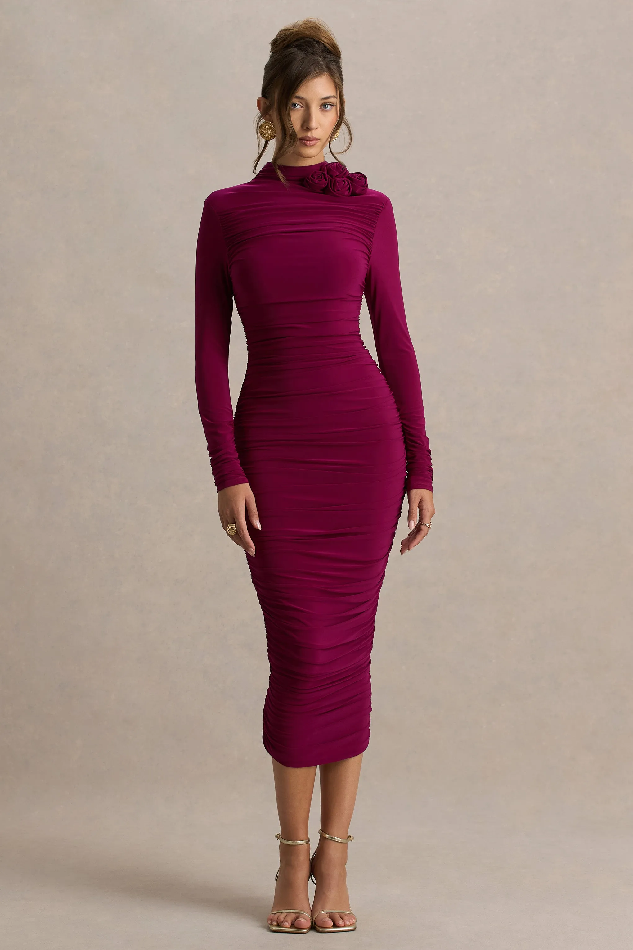 Tamara | Burgundy Long-Sleeve Ruched Midi Dress sold by Club L London