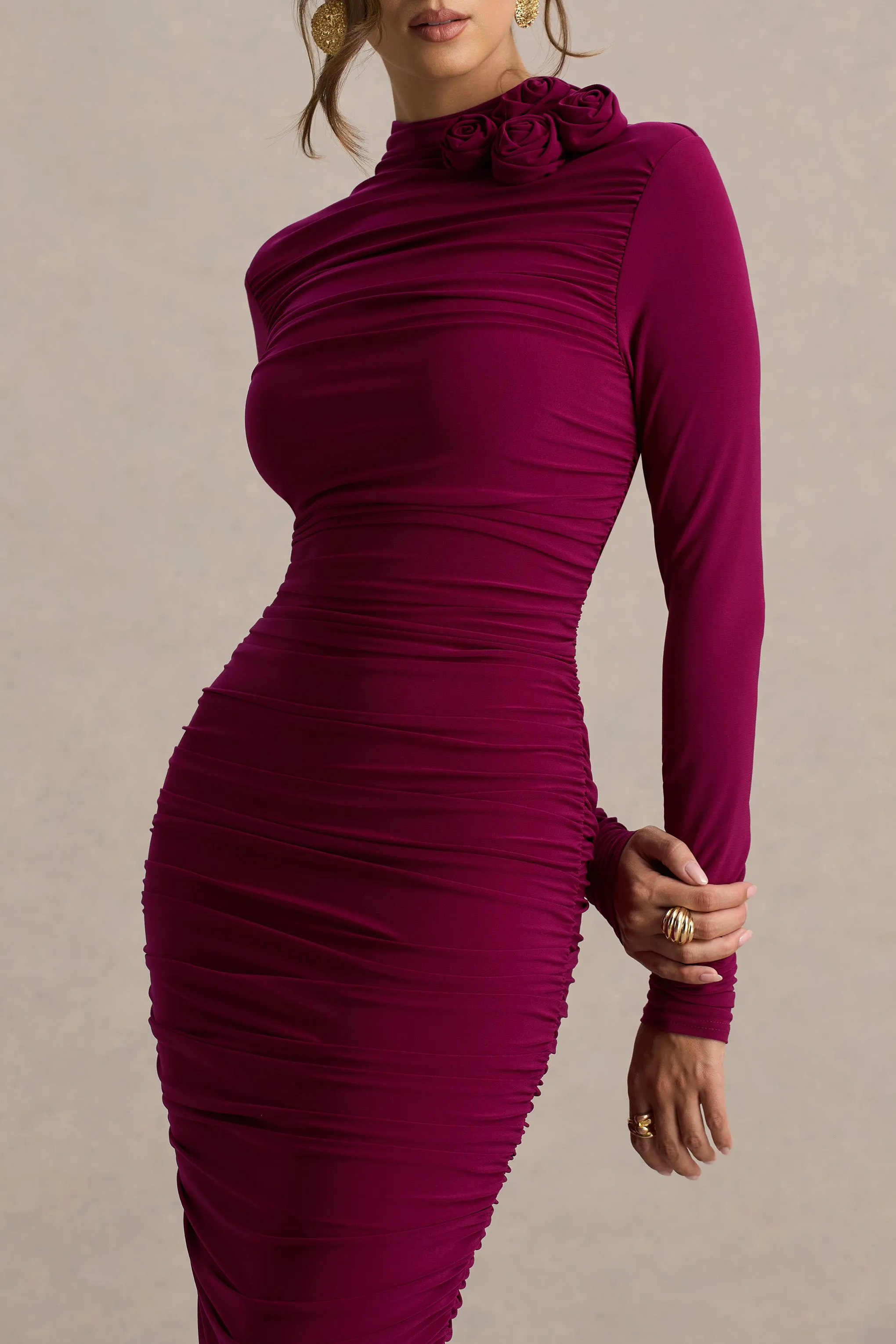 Tamara | Burgundy Long-Sleeve Ruched Midi Dress sold by Club L London product image thumbnail 5