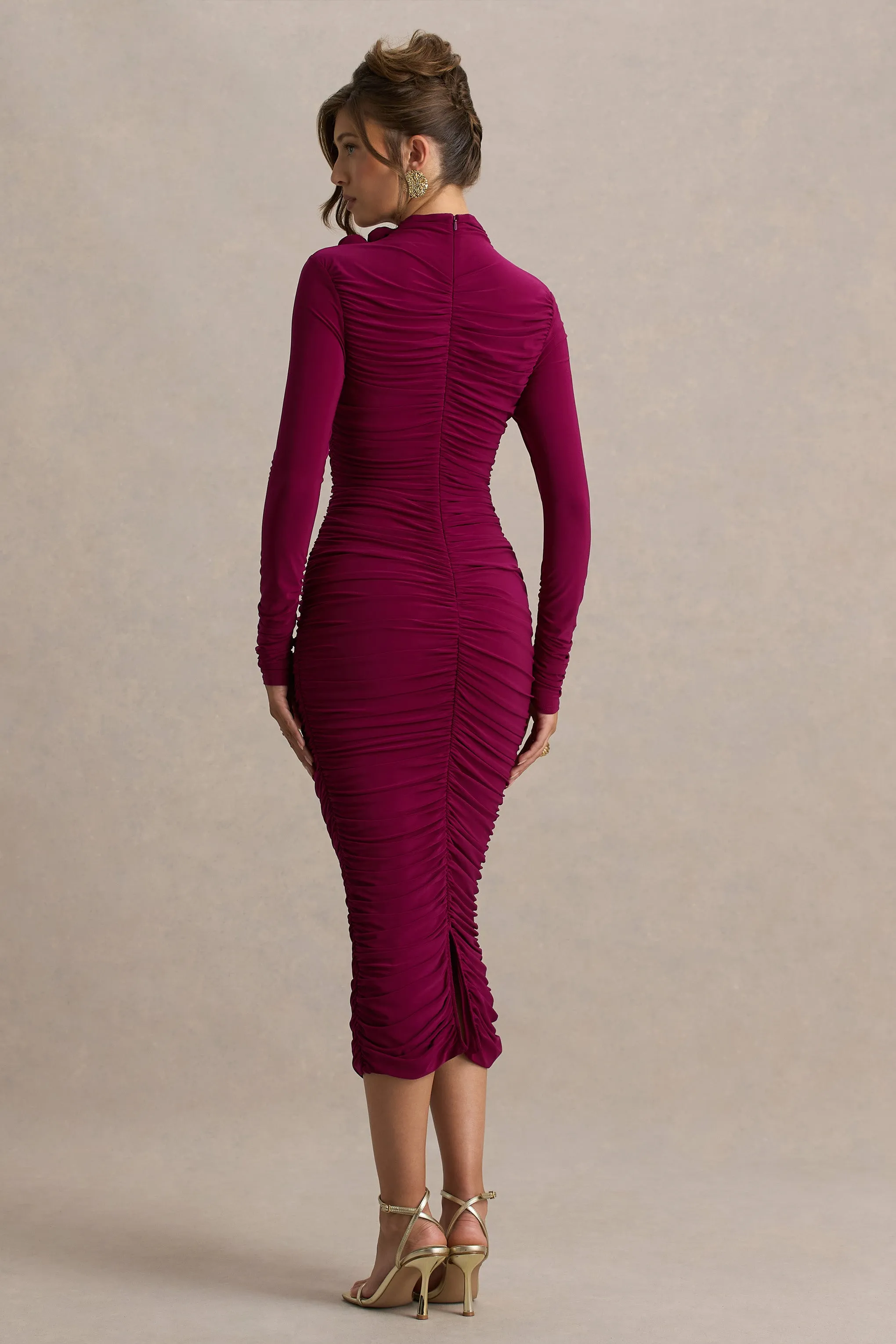 Tamara | Burgundy Long-Sleeve Ruched Midi Dress sold by Club L London product image thumbnail 2