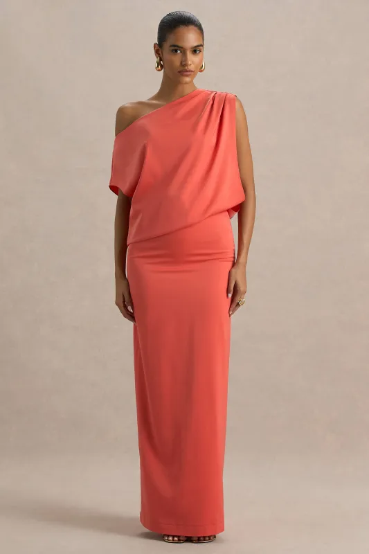Ronnie | Coral Satin Asymmetric-Neck Maxi Dress With Draping Detail sold by Club L London