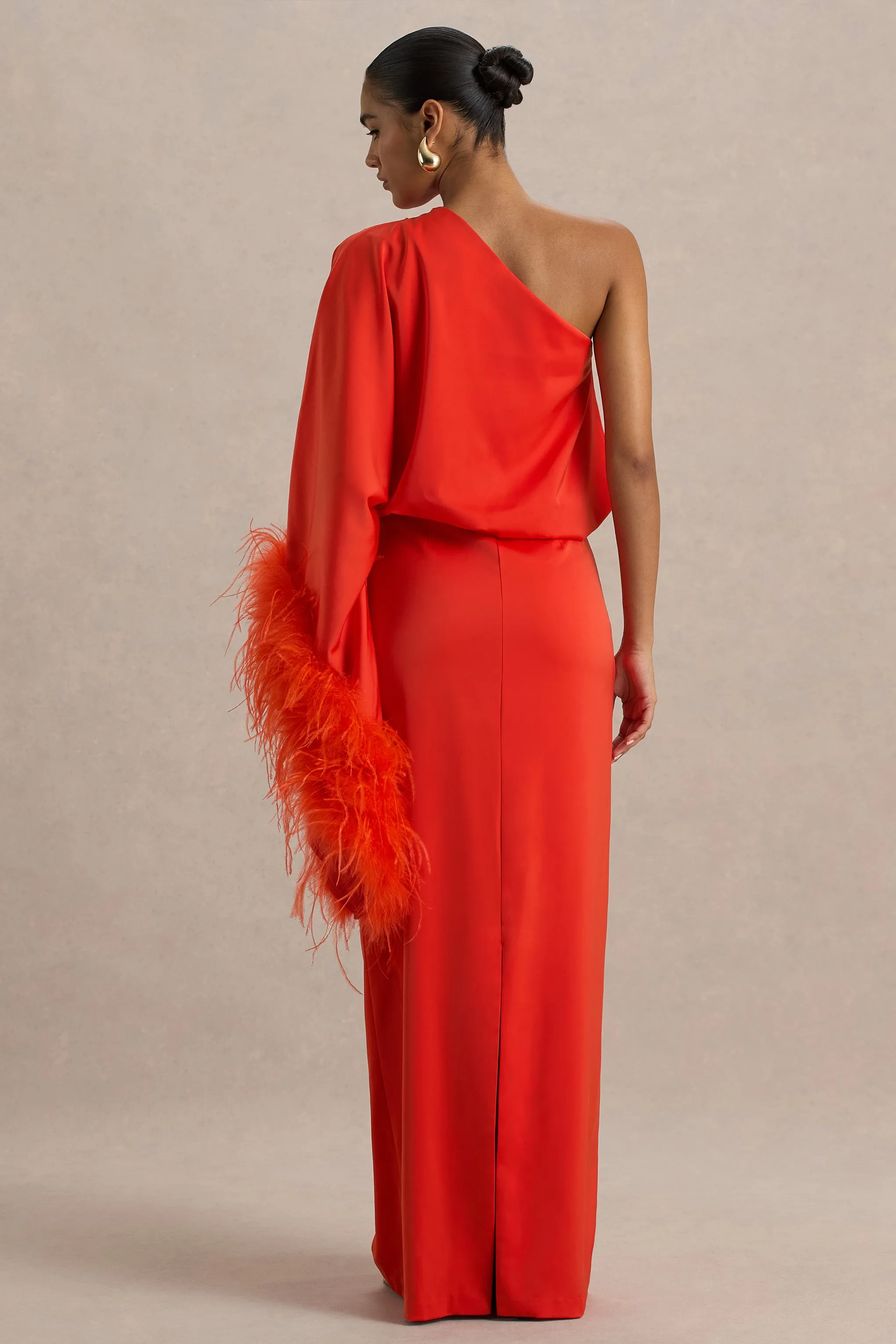 Felicity | Orange Satin Asymmetric-Neck Maxi Dress With Feather and Ruching Details sold by Club L London product image thumbnail 2