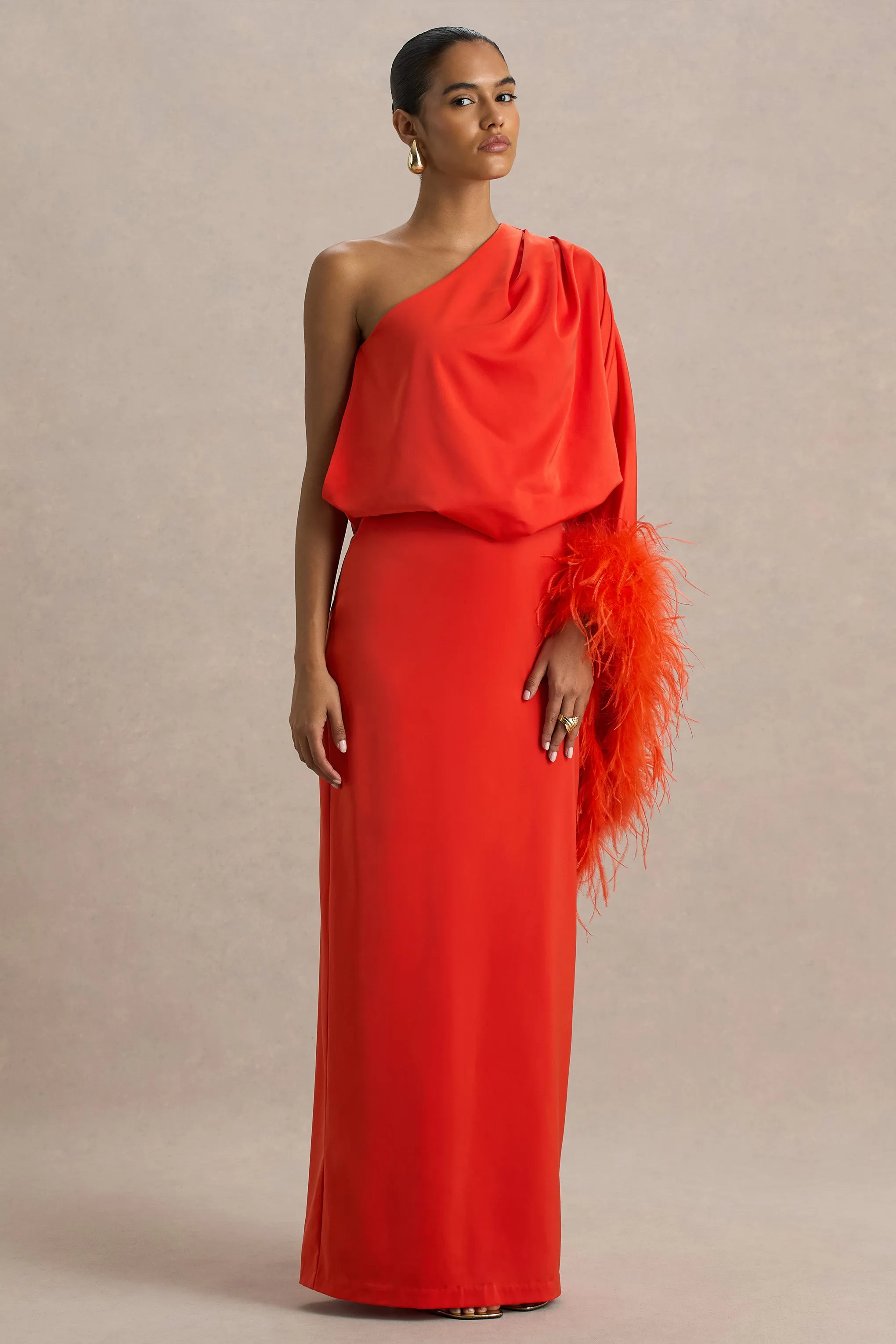 Felicity | Orange Satin Asymmetric-Neck Maxi Dress With Feather and Ruching Details sold by Club L London product image thumbnail 3