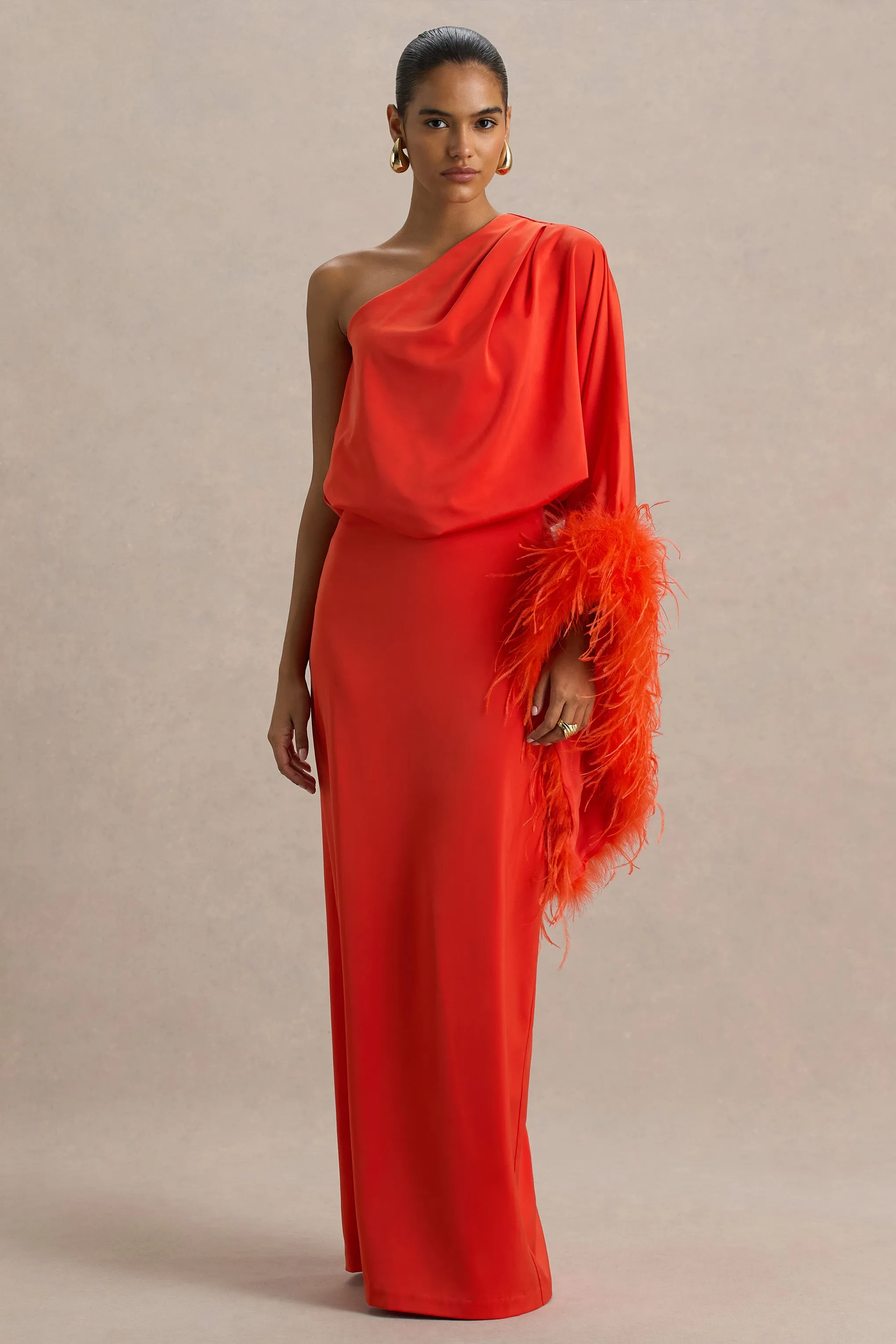 Felicity | Orange Satin Asymmetric-Neck Maxi Dress With Feather and Ruching Details sold by Club L London product image thumbnail 4