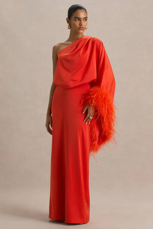 Felicity | Orange Satin Asymmetric-Neck Maxi Dress With Feather and Ruching Details sold by Club L London