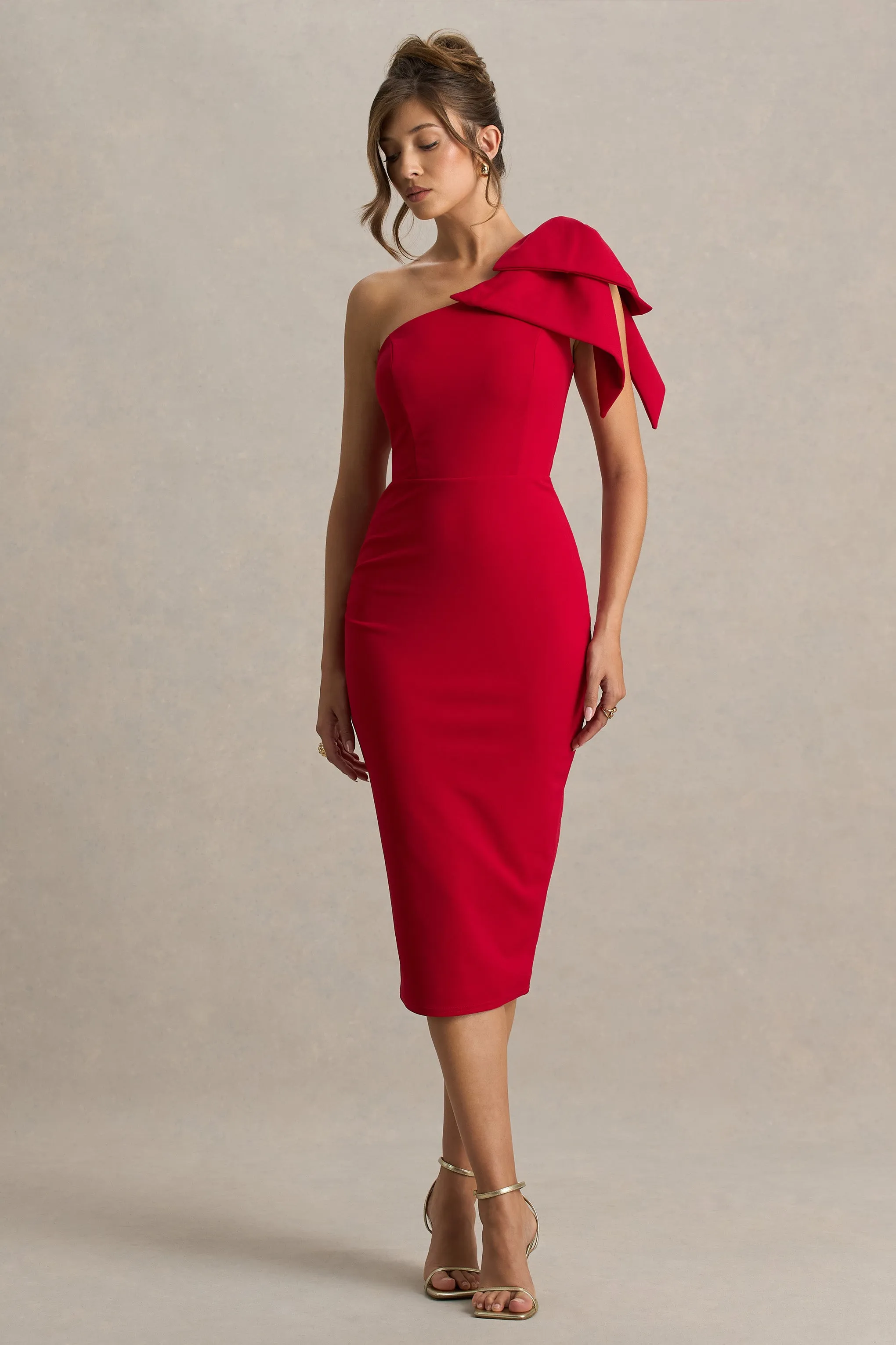 Ambretta | Red One-Shoulder Midi Dress With Bow sold by Club L London product image thumbnail 4