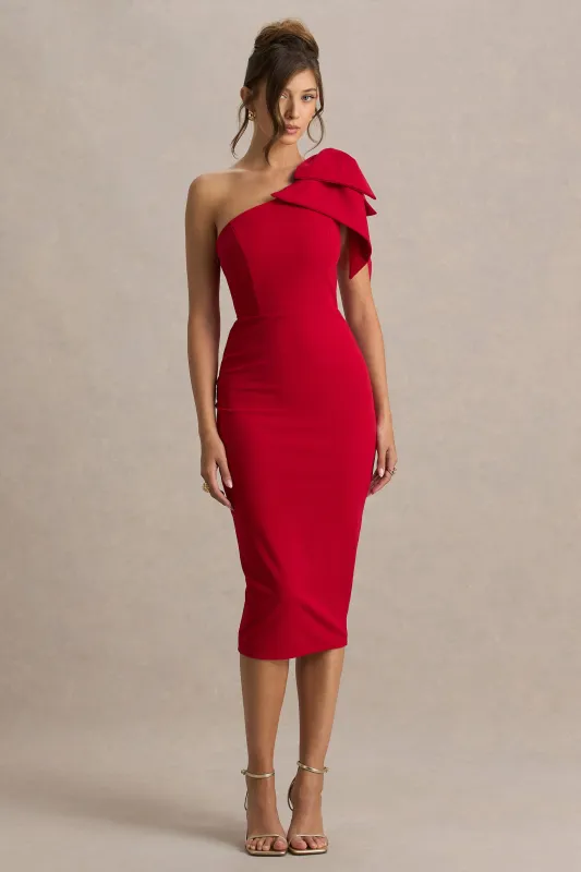 Ambretta | Red One-Shoulder Midi Dress With Bow sold by Club L London