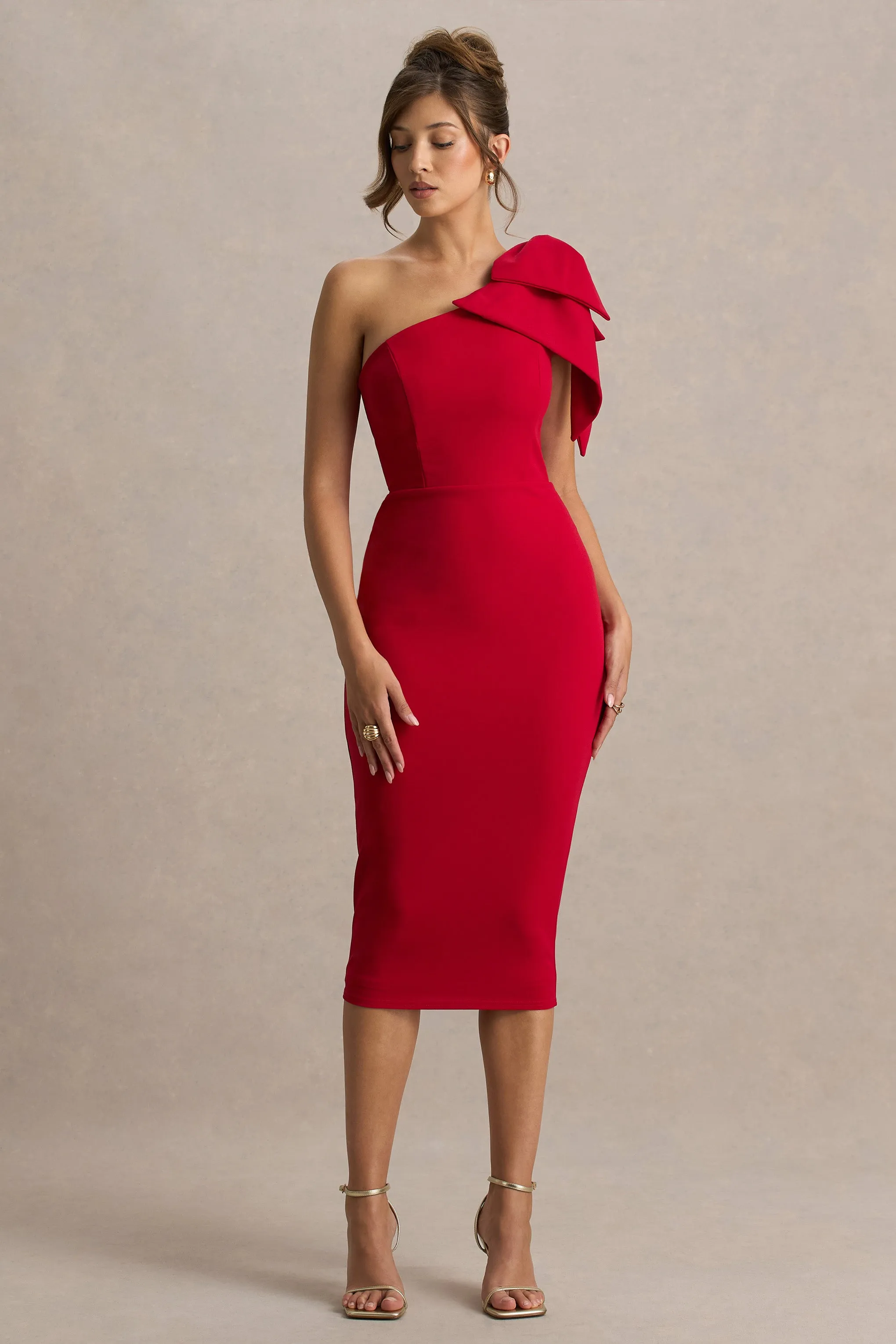 Ambretta | Red One-Shoulder Midi Dress With Bow sold by Club L London product image thumbnail 5