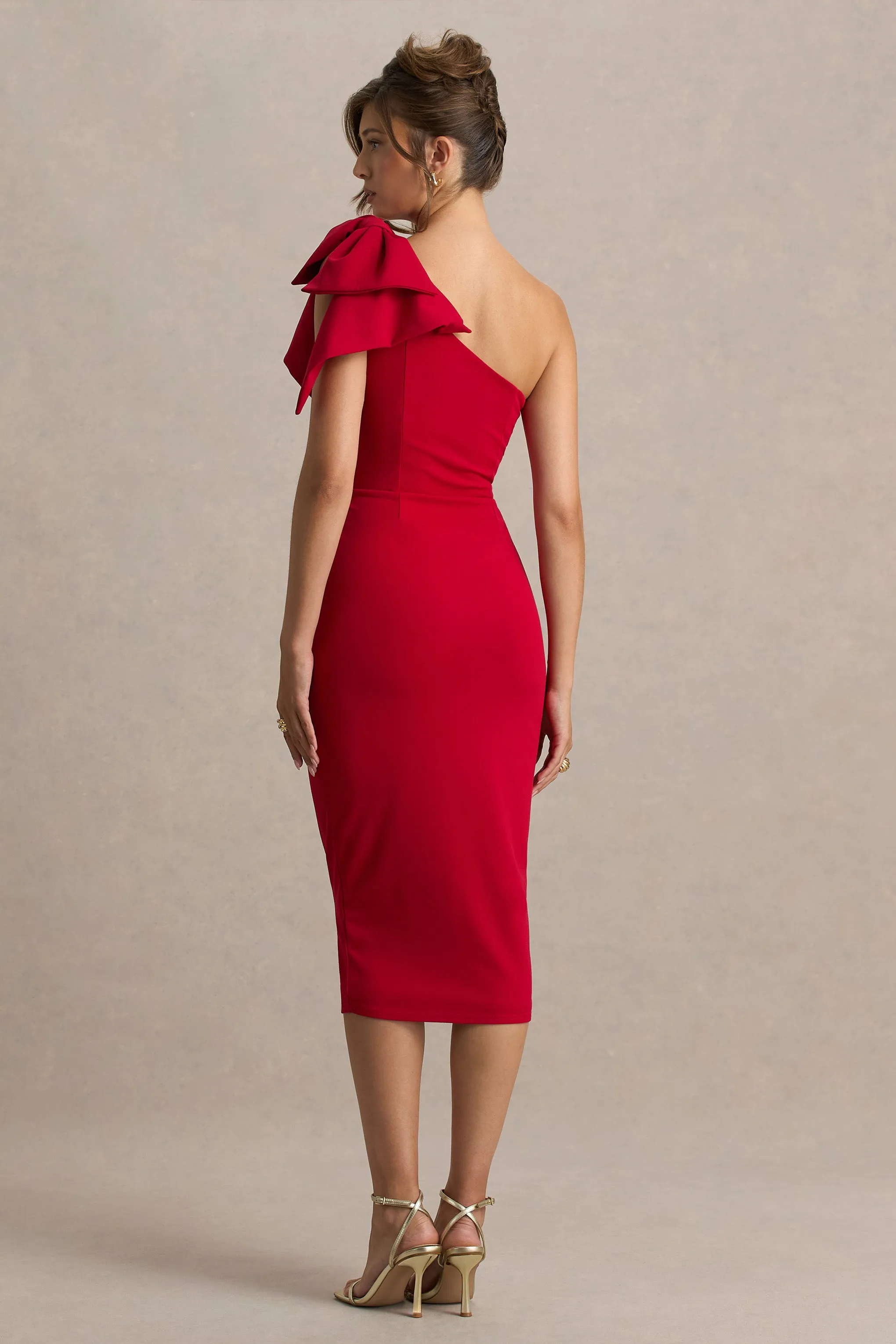 Ambretta | Red One-Shoulder Midi Dress With Bow sold by Club L London product image thumbnail 2