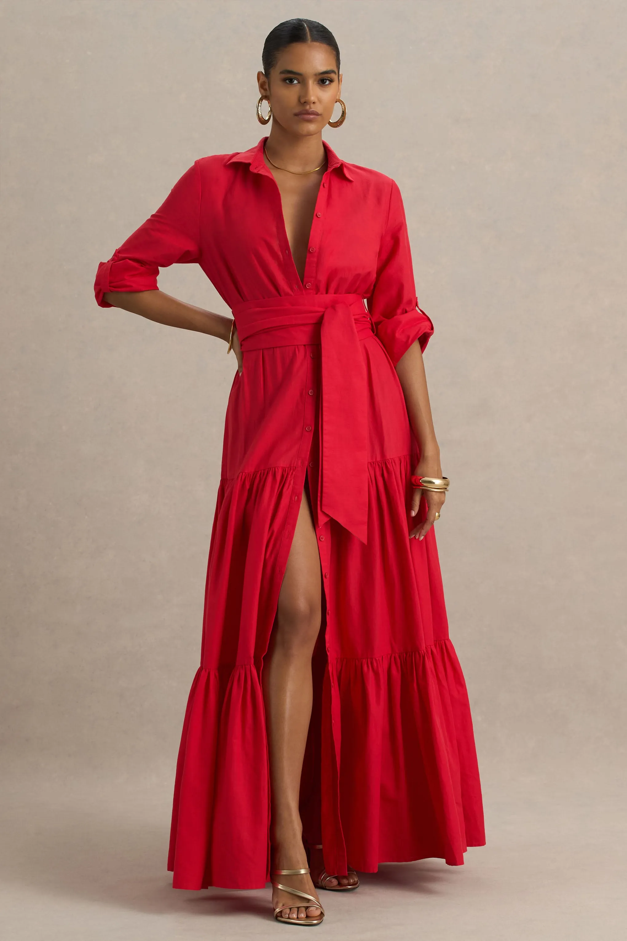 Sydney | Red Belted Maxi Shirt Dress sold by Club L London product image thumbnail 3