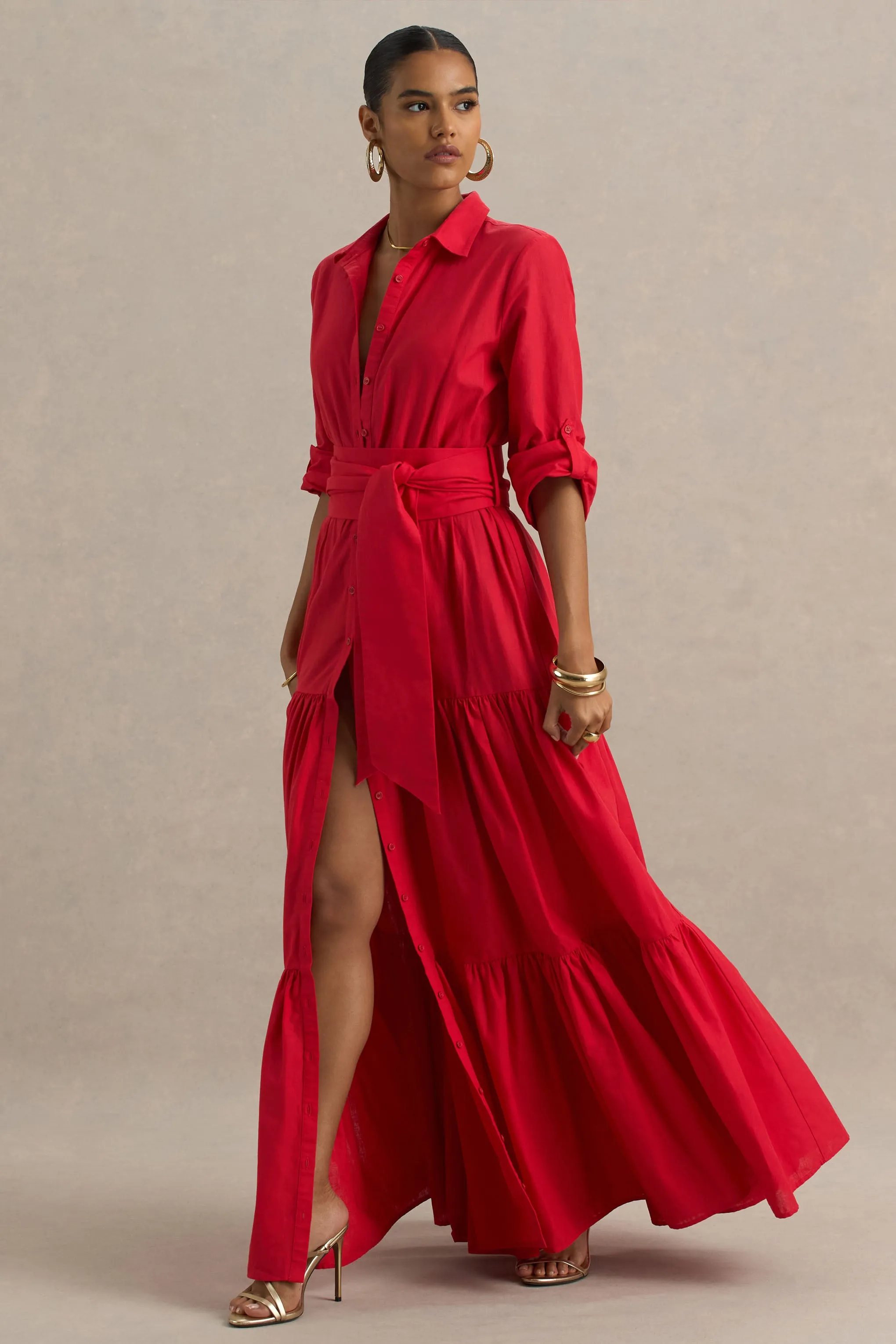 Sydney | Red Belted Maxi Shirt Dress sold by Club L London product image thumbnail 4