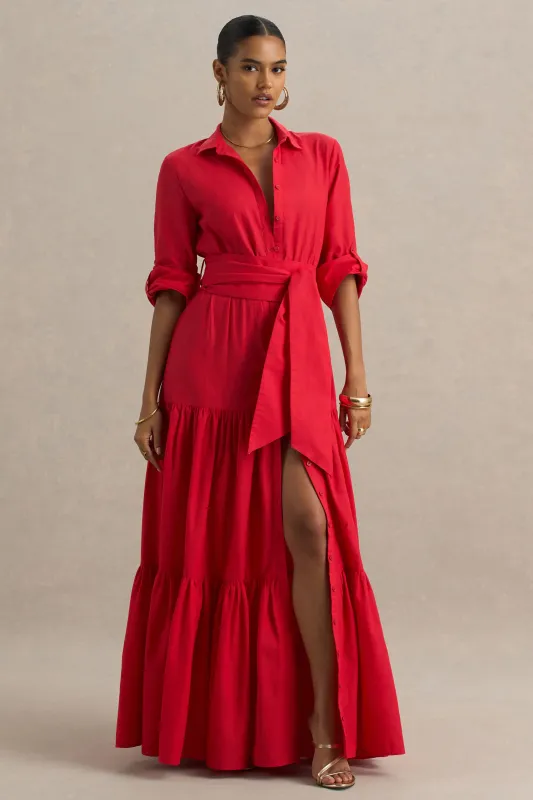 Sydney | Red Belted Maxi Shirt Dress sold by Club L London
