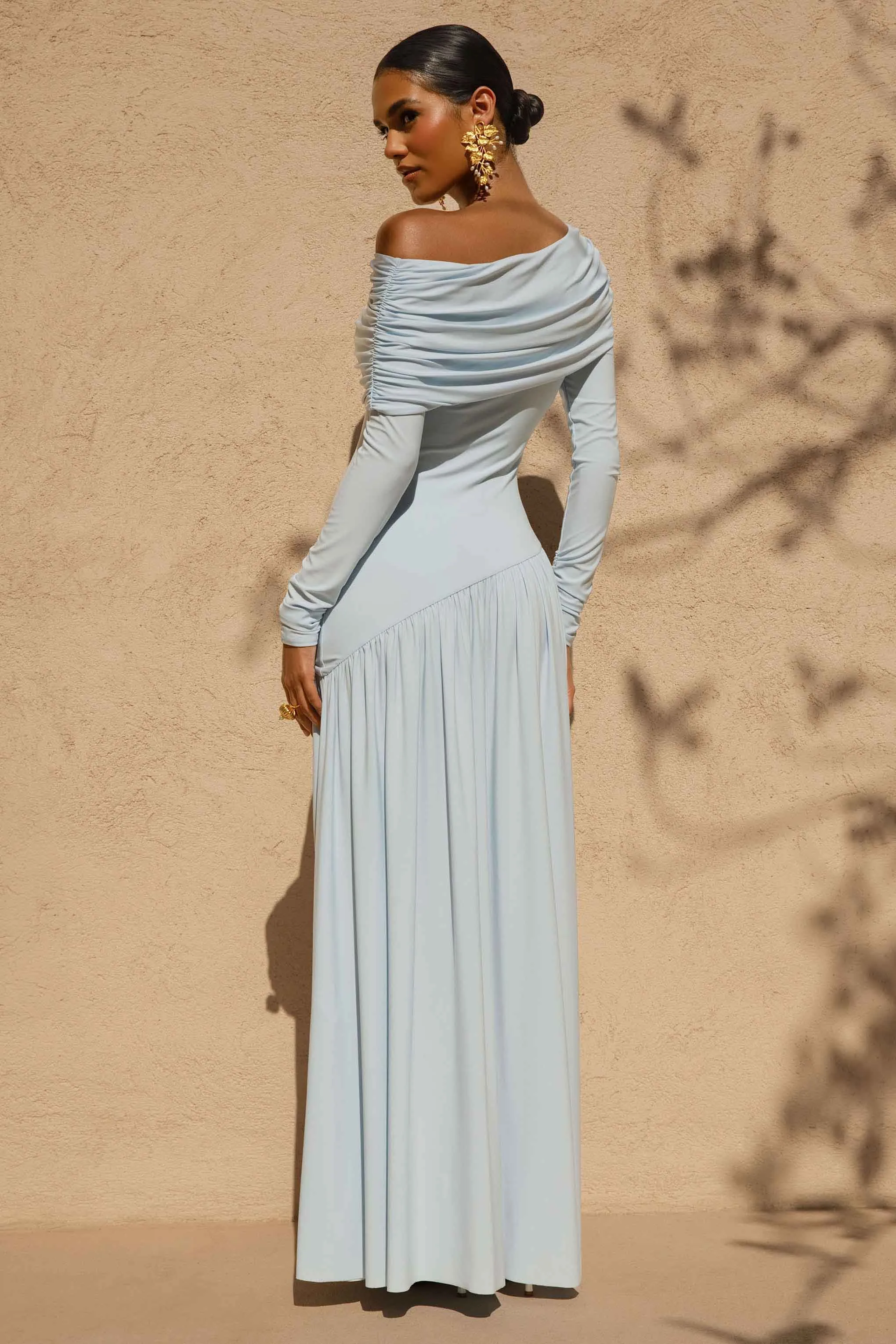 Farah | Powder Blue High-Neck Maxi Dress With Drop Waist And Ruched Detailing sold by Club L London product image thumbnail 2