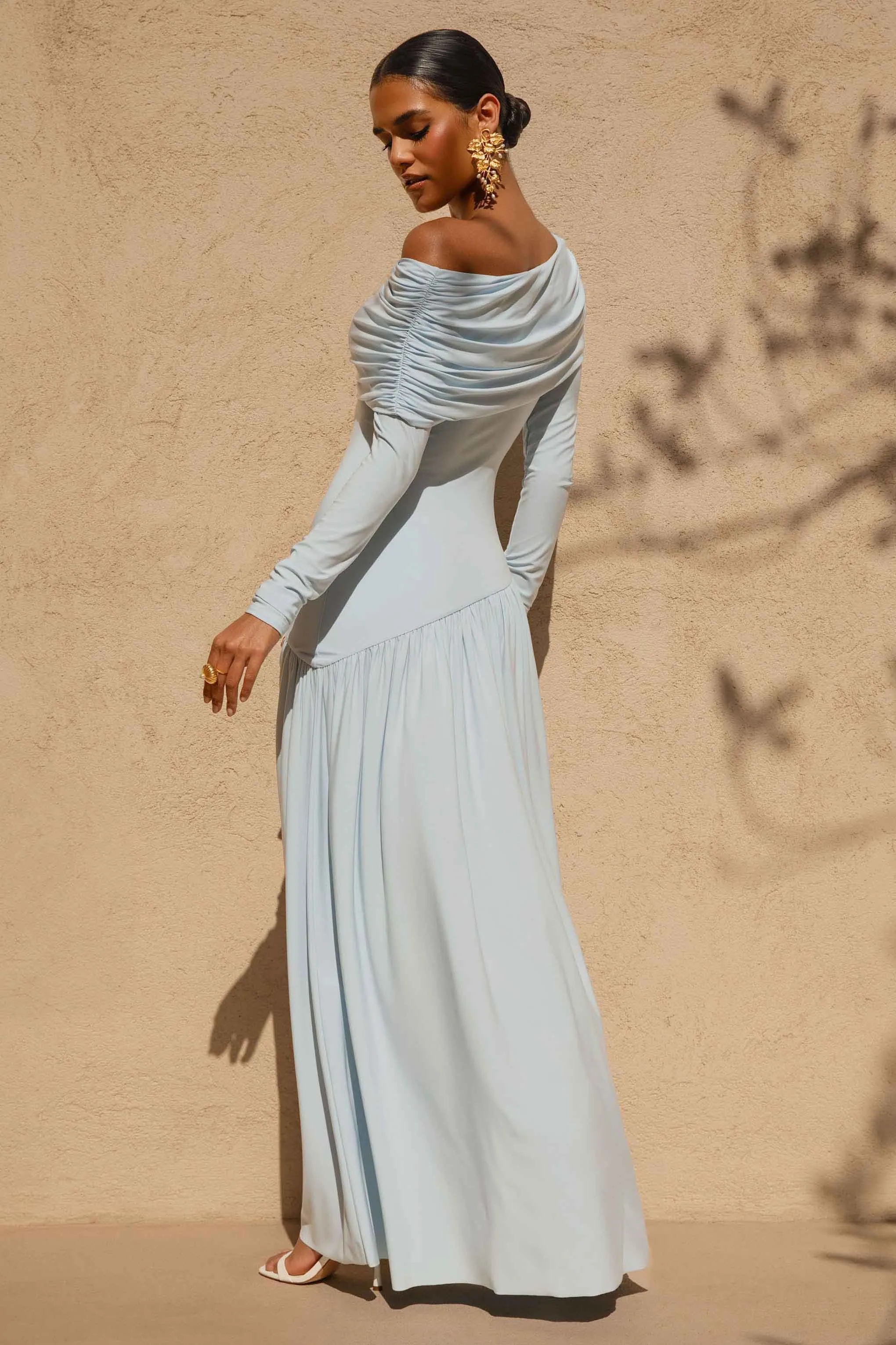 Farah | Powder Blue High-Neck Maxi Dress With Drop Waist And Ruched Detailing sold by Club L London product image thumbnail 4