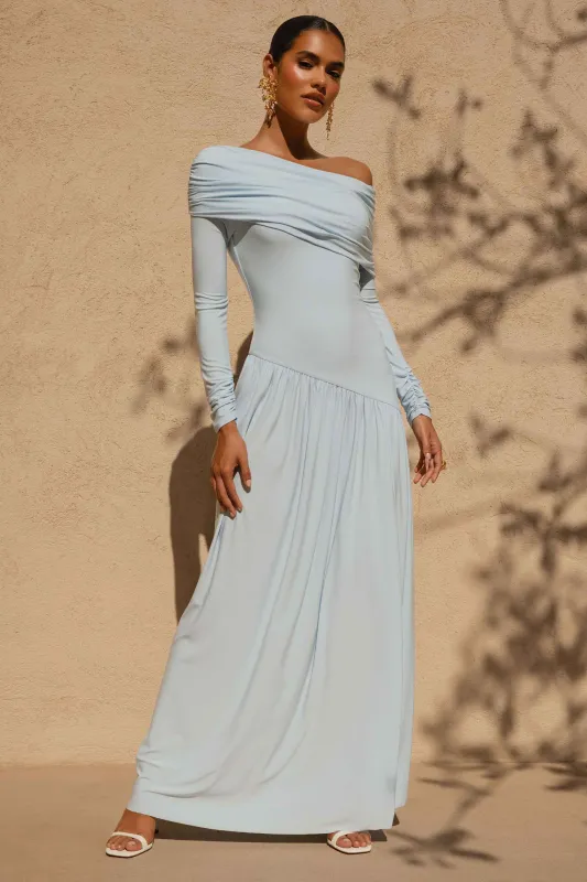 Farah | Powder Blue High-Neck Maxi Dress With Drop Waist And Ruched Detailing sold by Club L London