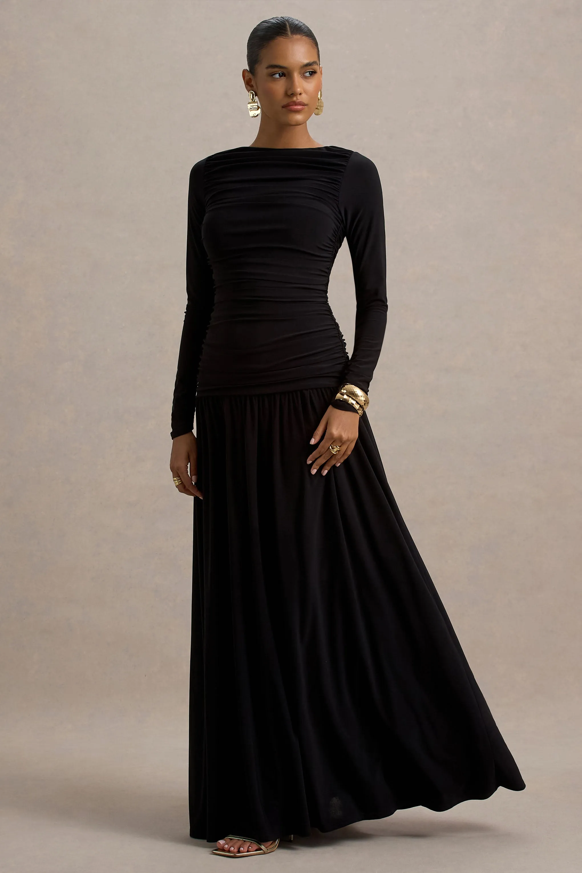 Aniyah | Black High-Neck Maxi Dress With Ruched Detailing sold by Club L London product image thumbnail 5