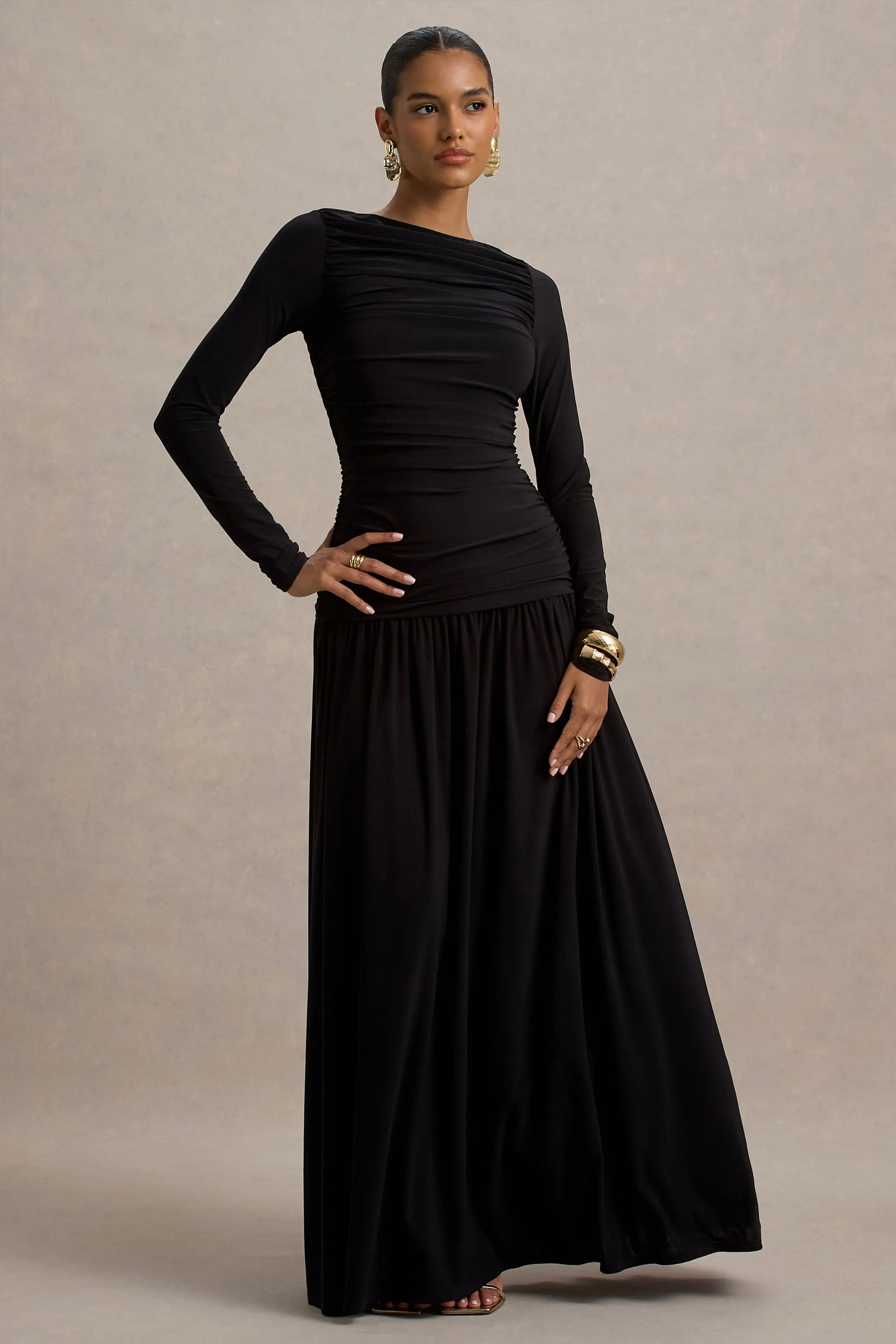 Aniyah | Black High-Neck Maxi Dress With Ruched Detailing sold by Club L London product image thumbnail 4