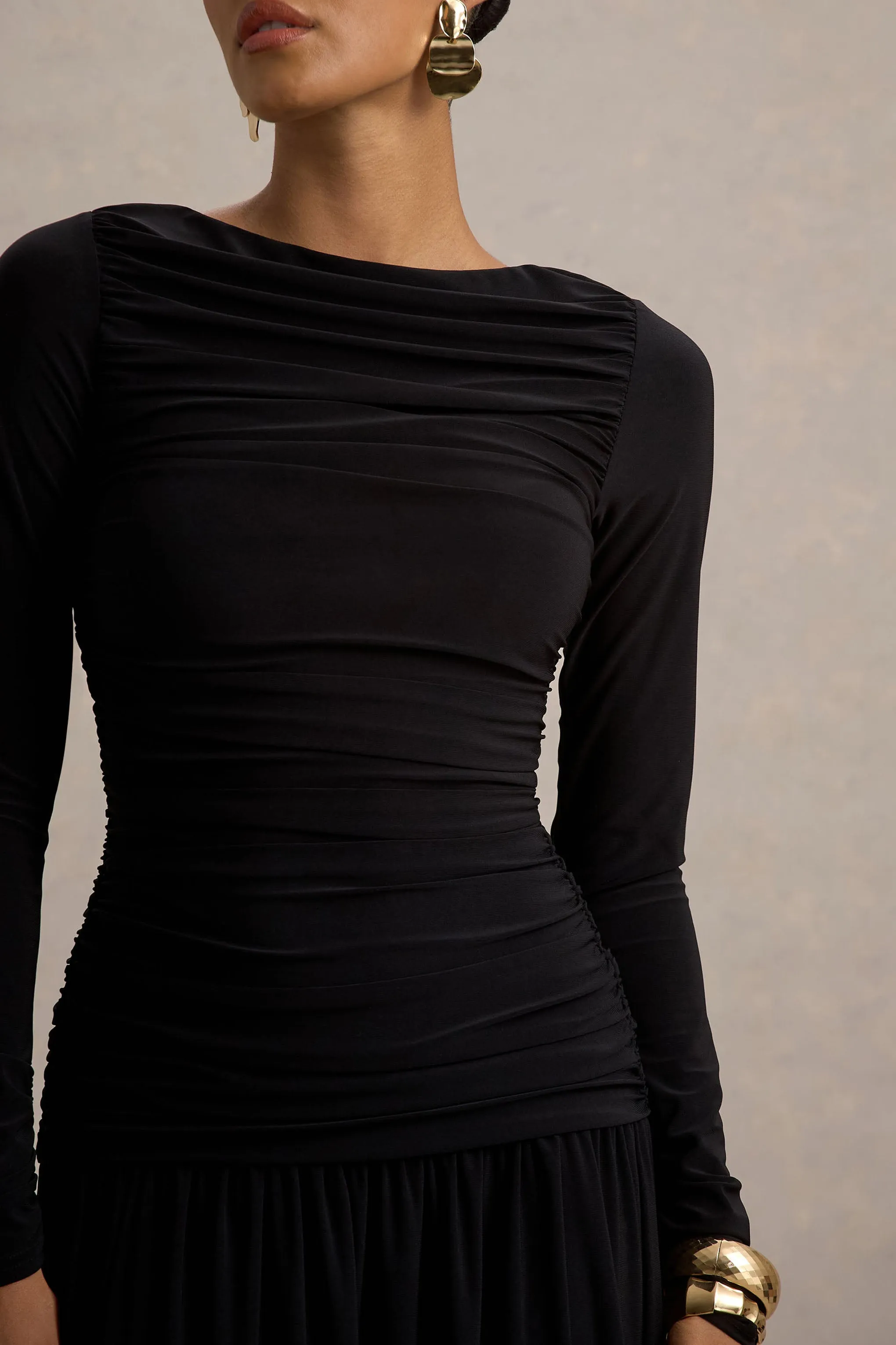Aniyah | Black High-Neck Maxi Dress With Ruched Detailing sold by Club L London product image thumbnail 3