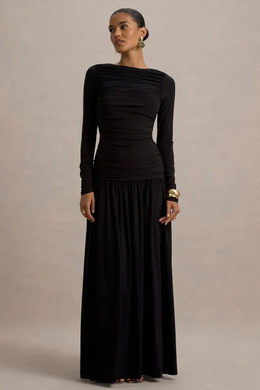 Aniyah | Black High-Neck Maxi Dress With Ruched Detailing sold by Club L London