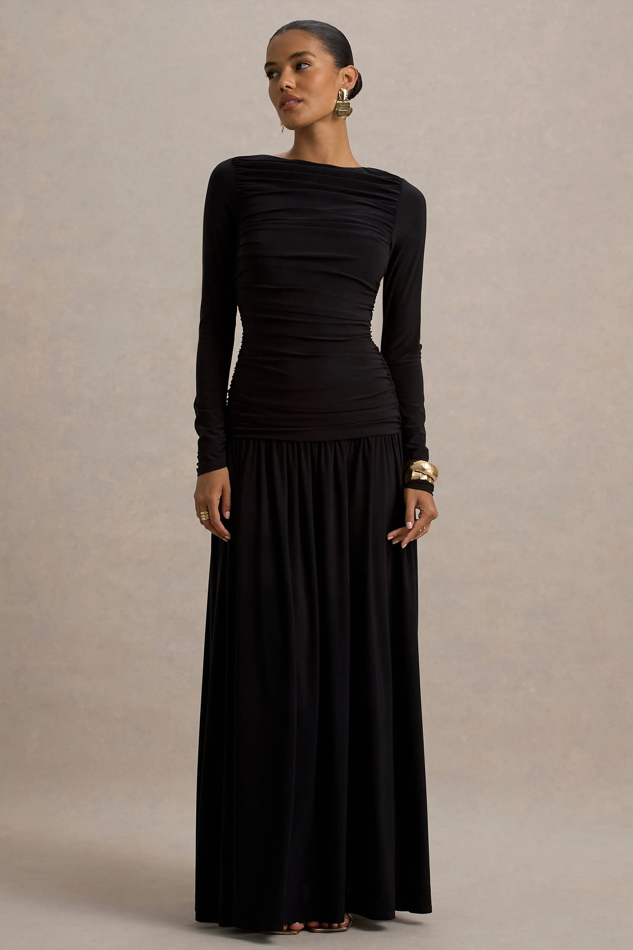 Aniyah | Black High-Neck Maxi Dress With Ruched Detailing sold by Club L London