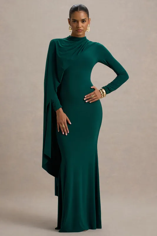Always | Bottle Green High-Neck Maxi Dress With Cape Sleeve Detail sold by Club L London