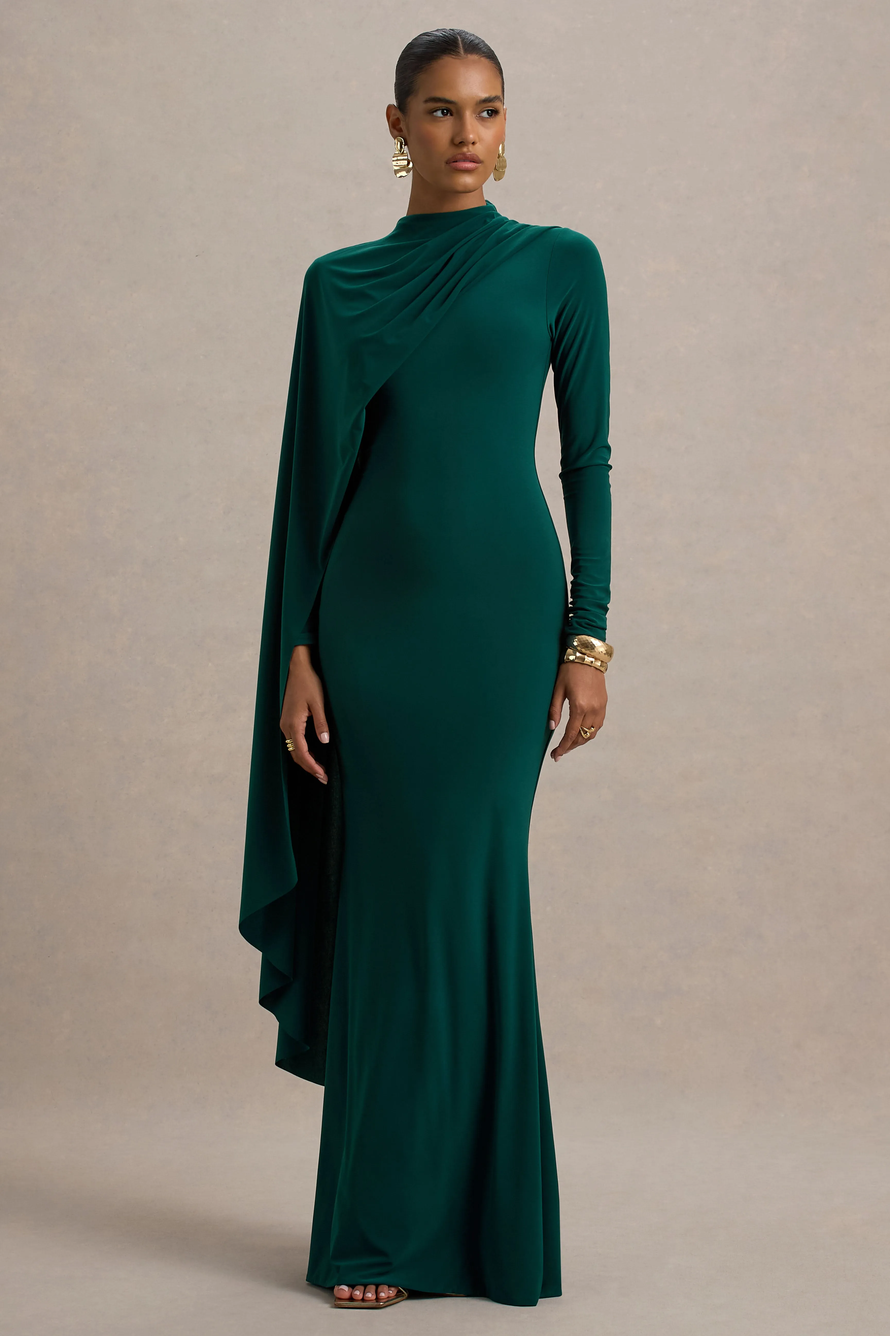 Always | Bottle Green High-Neck Maxi Dress With Cape Sleeve Detail sold by Club L London product image thumbnail 4
