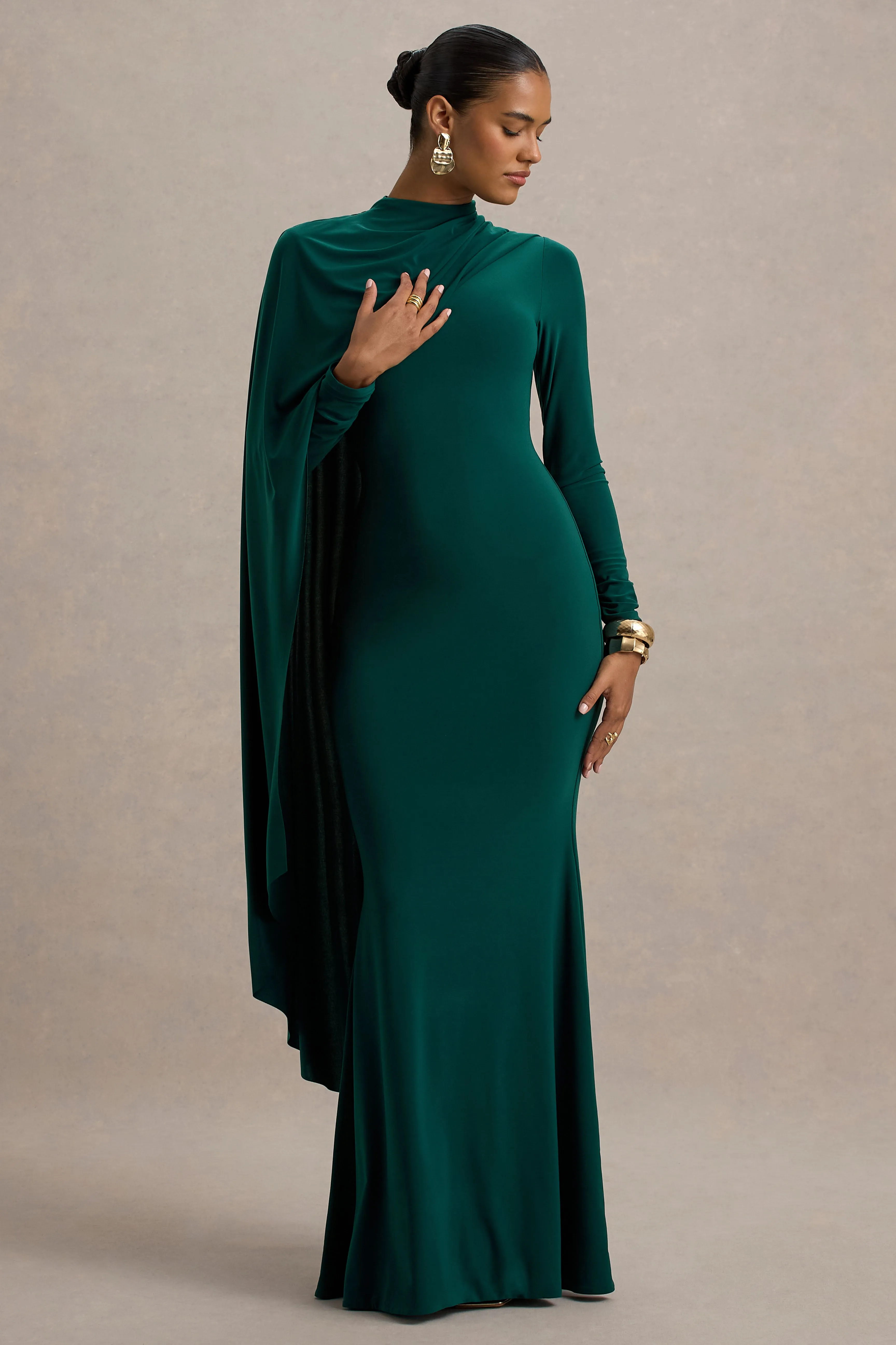 Always | Bottle Green High-Neck Maxi Dress With Cape Sleeve Detail sold by Club L London product image thumbnail 5