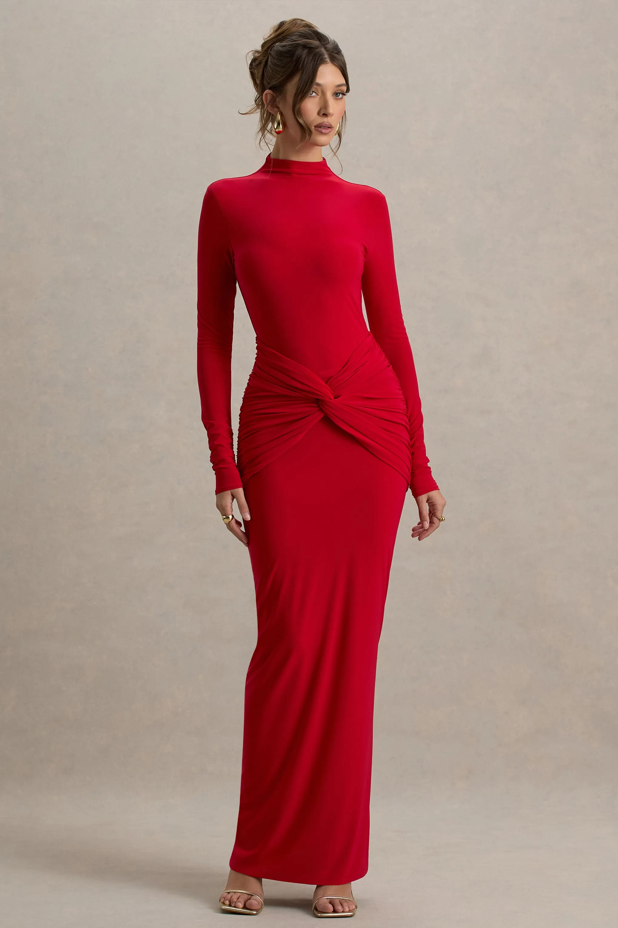 Alula | Red High-Neck Maxi Dress With Twist Detail sold by Club L London product image thumbnail 5