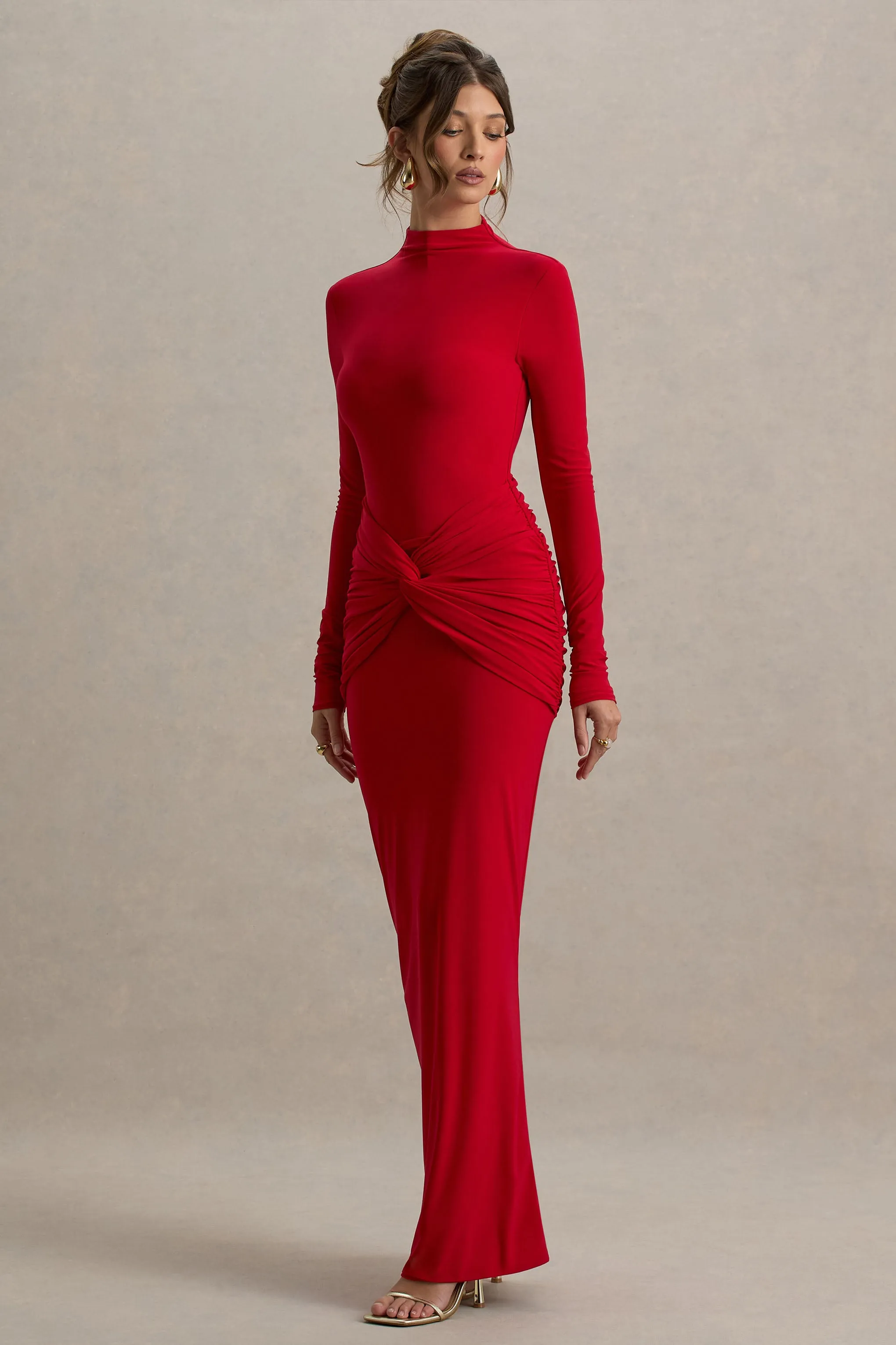 Alula | Red High-Neck Maxi Dress With Twist Detail sold by Club L London product image thumbnail 4