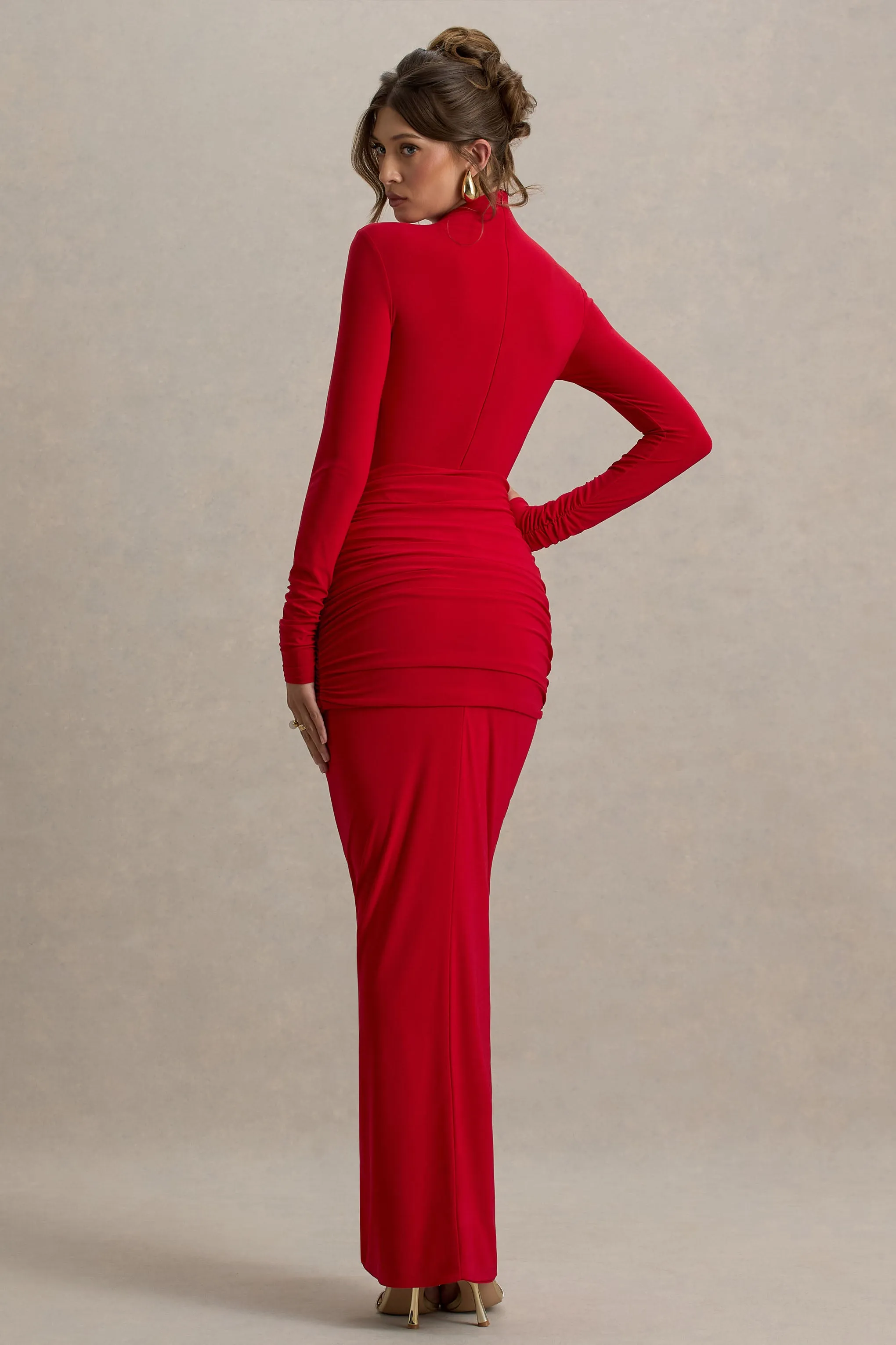 Alula | Red High-Neck Maxi Dress With Twist Detail sold by Club L London product image thumbnail 2