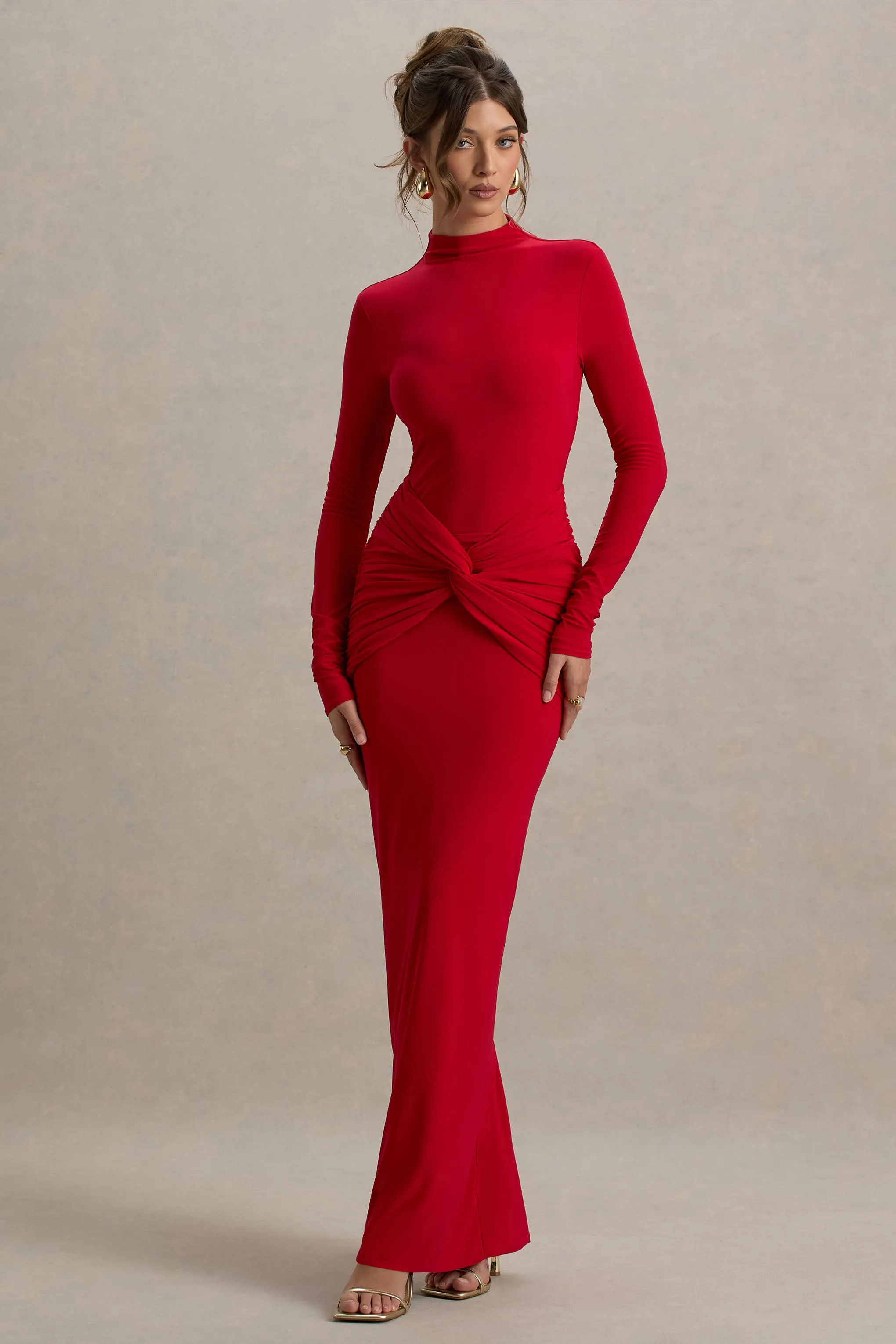 Alula | Red High-Neck Maxi Dress With Twist Detail sold by Club L London