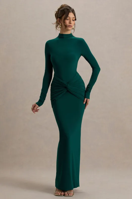Alula | Bottle Green High-Neck Maxi Dress With Twist Detail sold by Club L London