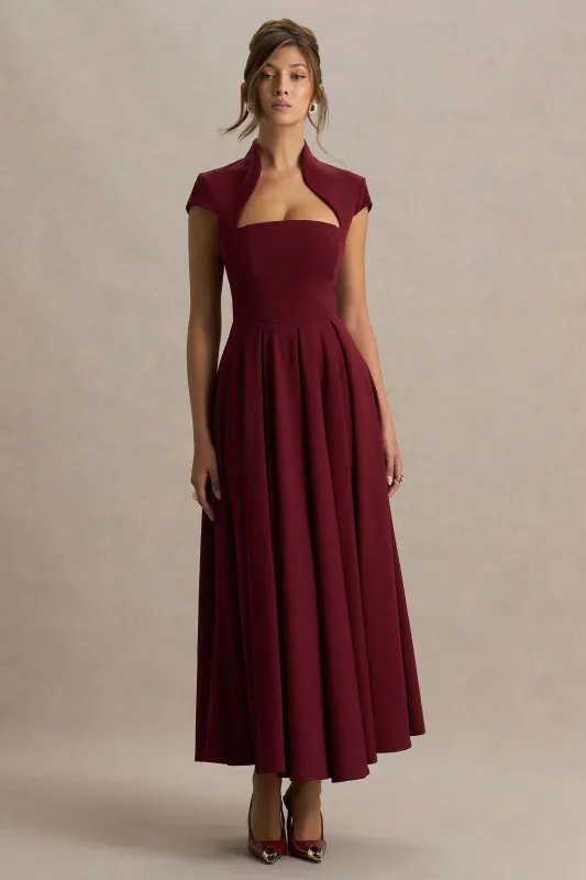 Scarlett | Burgundy Asymmetric-Neck Midi Dress sold by Club L London