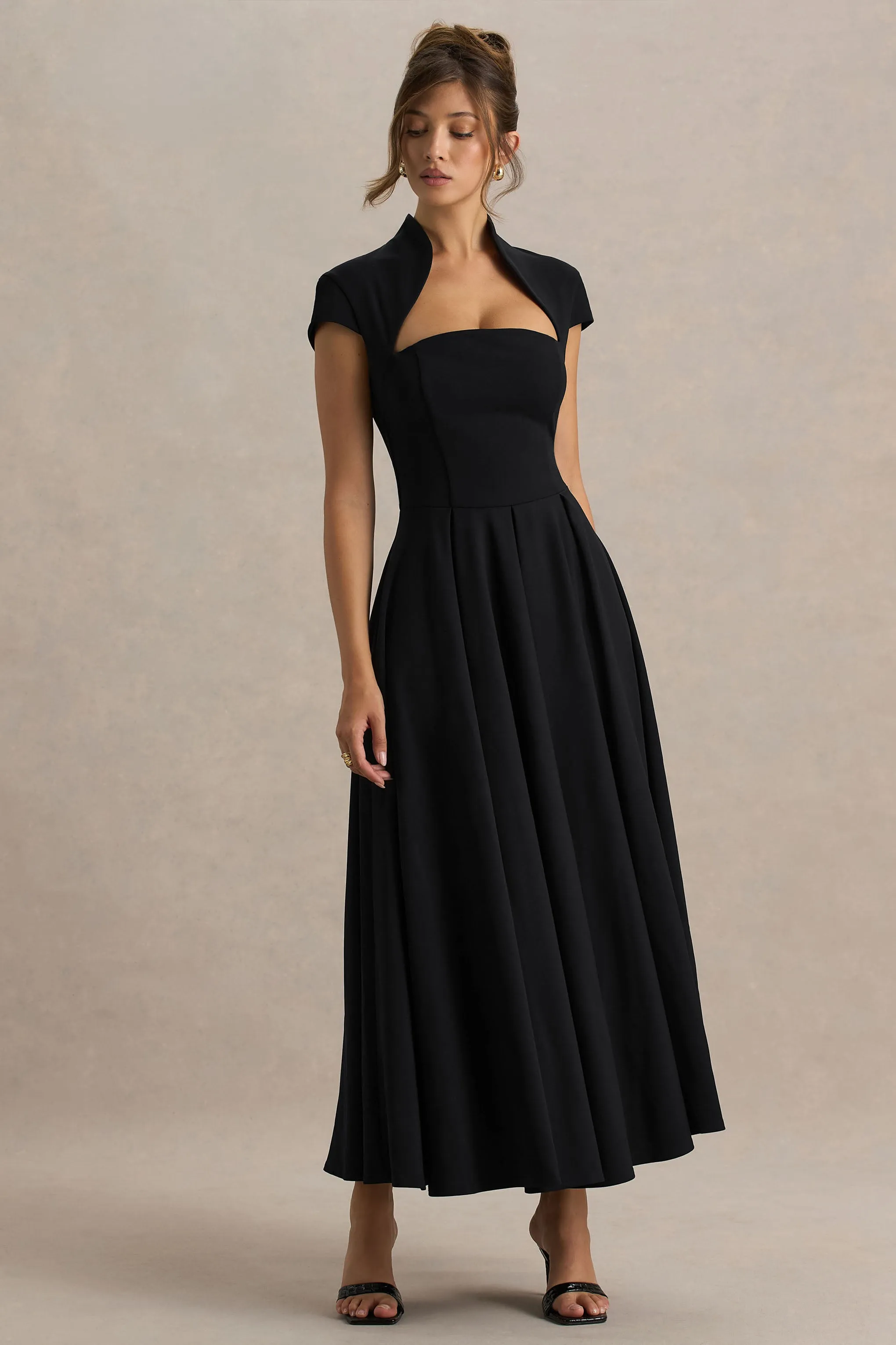 Scarlett | Black Asymmetric-Neck Midi Dress sold by Club L London