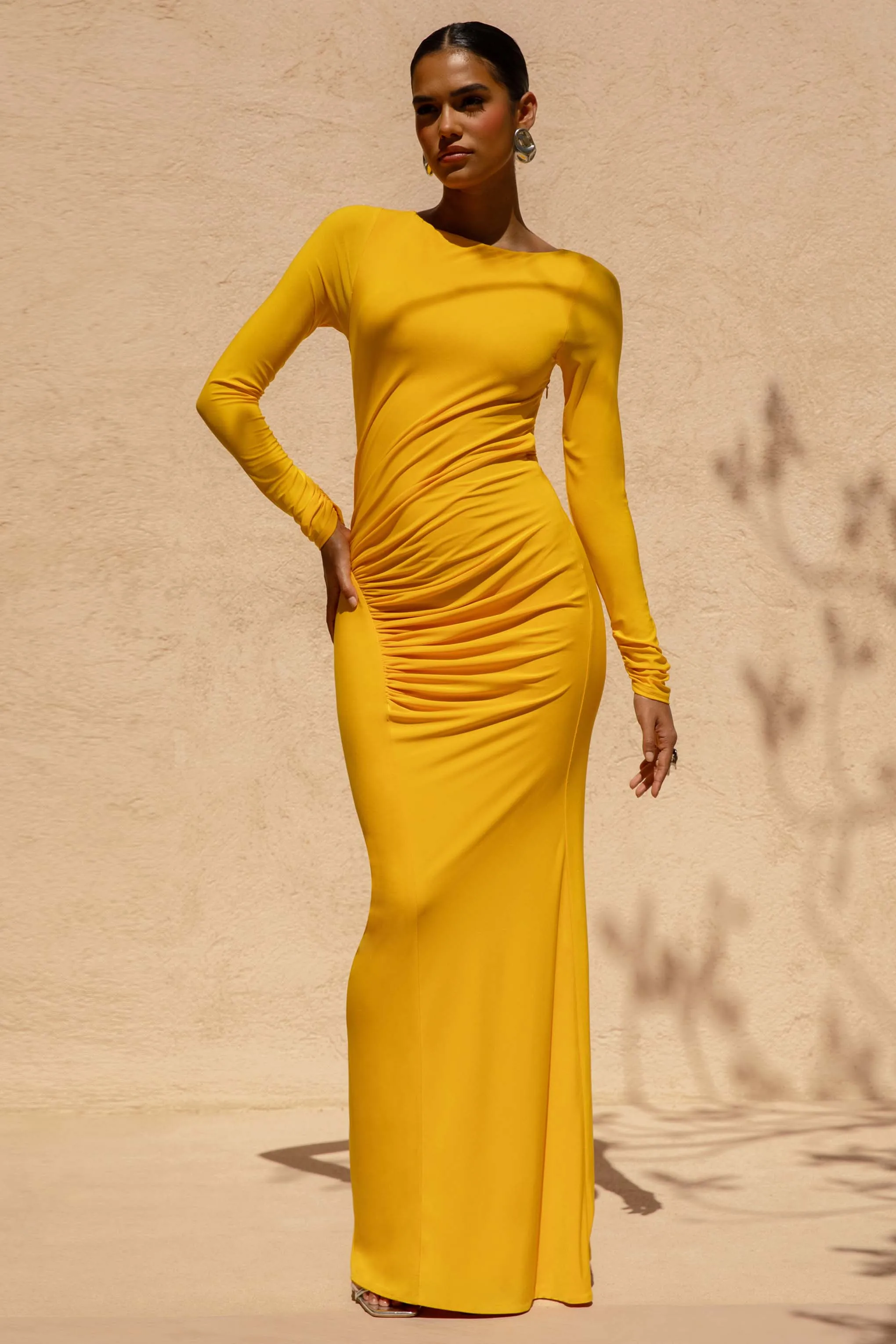 Diva | Yellow Slashed-Neck Maxi Dress With Ruched Detailing sold by Club L London product image thumbnail 4