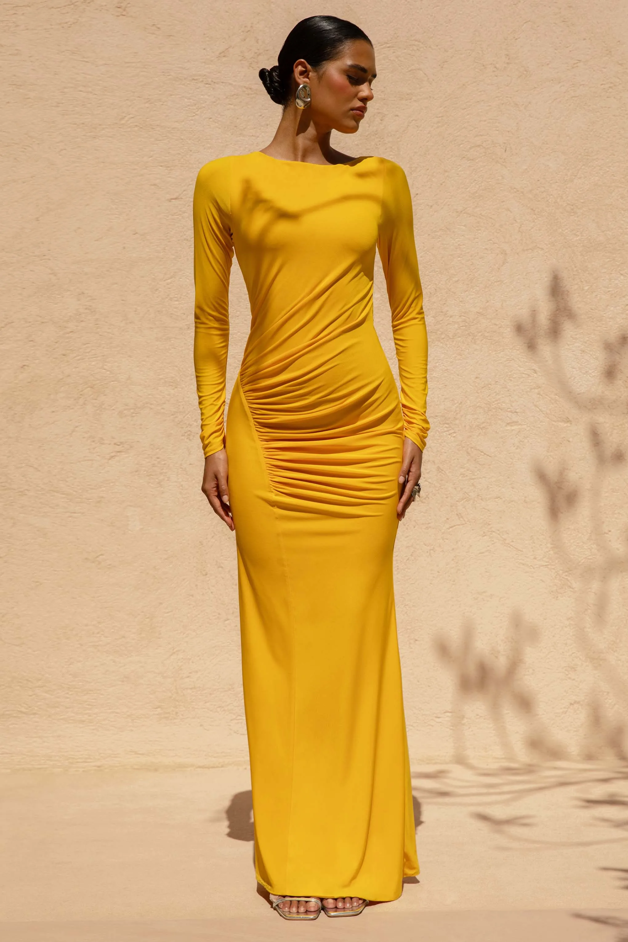 Diva | Yellow Slashed-Neck Maxi Dress With Ruched Detailing sold by Club L London product image thumbnail 5
