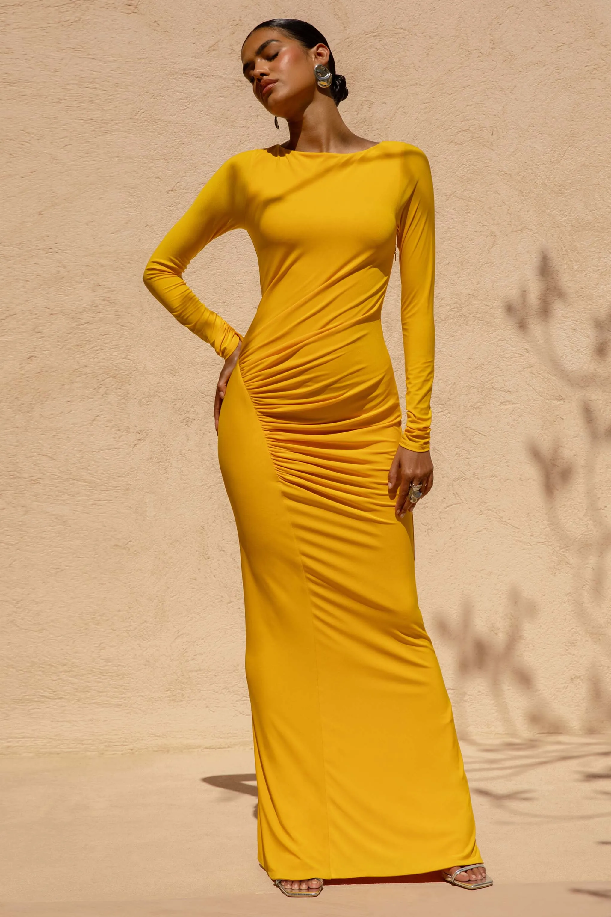 Diva | Yellow Slashed-Neck Maxi Dress With Ruched Detailing sold by Club L London product image thumbnail 3